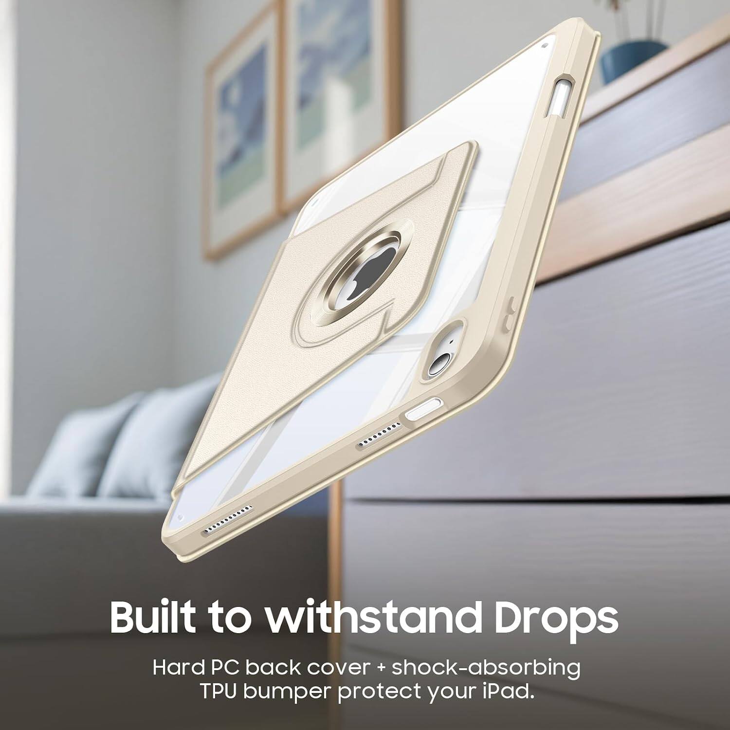 Built to withstand Drops  
Hard PC back cover + shock-absorbing TPU bumper protect your iPad.