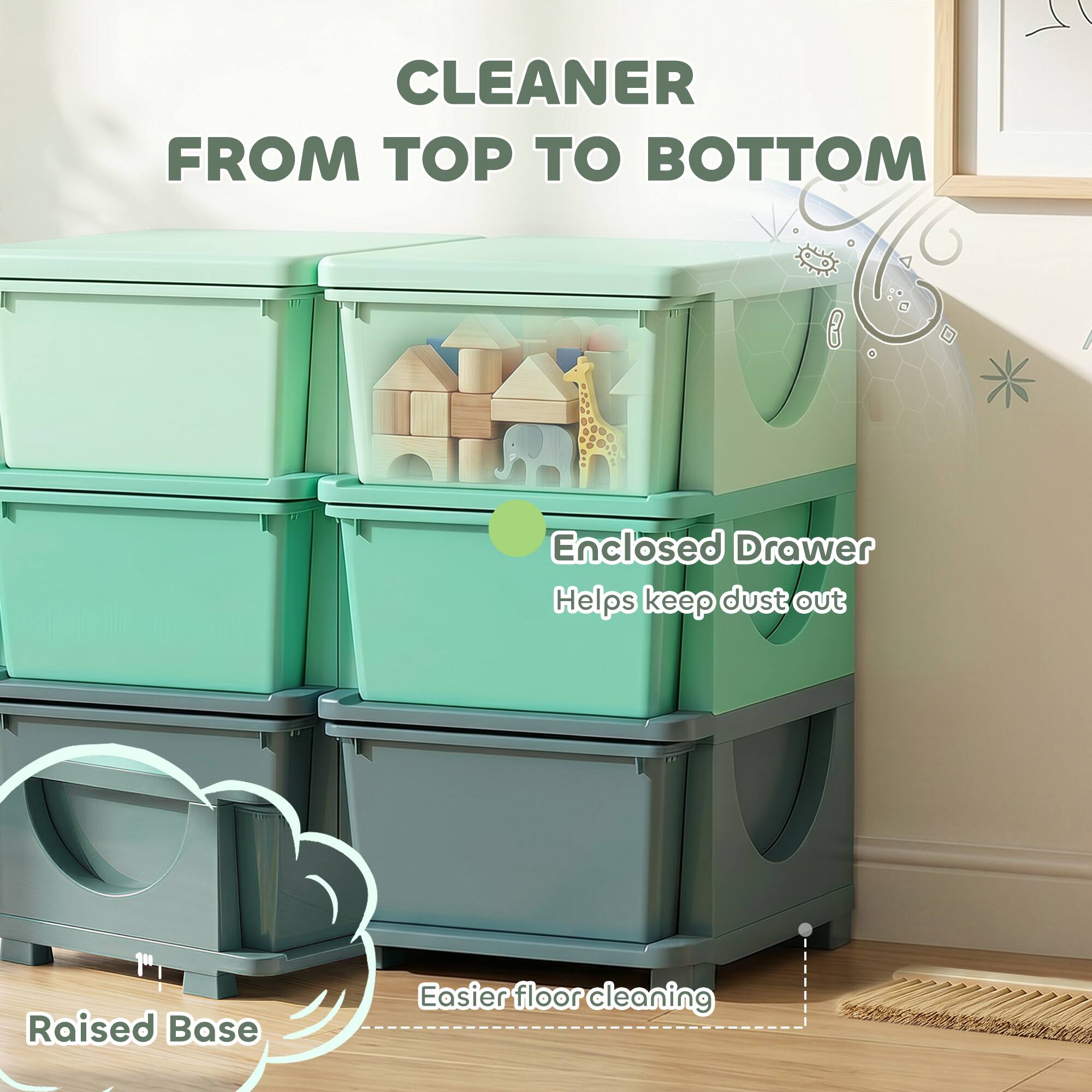 CLEANER FROM TOP TO BOTTOM

Enclosed Drawer Helps keep dust out

Raised Base Easier floor cleaning