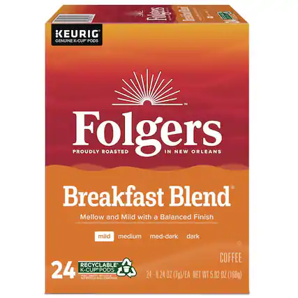 KEURIG GENUINE K-CUP PODS
Folgers
PROUDLY ROASTED IN NEW ORLEANS
Breakfast Blend
Mellow and Mild with a Balanced Finish
mild medium med-dark dark
RECYCLABLE
24 K-CUP*
PEEL EMPTY RECYCLE
ALL PODS
COFFEE
24
0.24 OZ (7g)/EA
NET WT 5.92 OZ (168g)