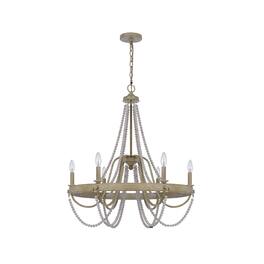 Manhattan Lane - Maci 28 Inch Chandelier, White Beaded Candelabra Design, Wood - Brown, White
