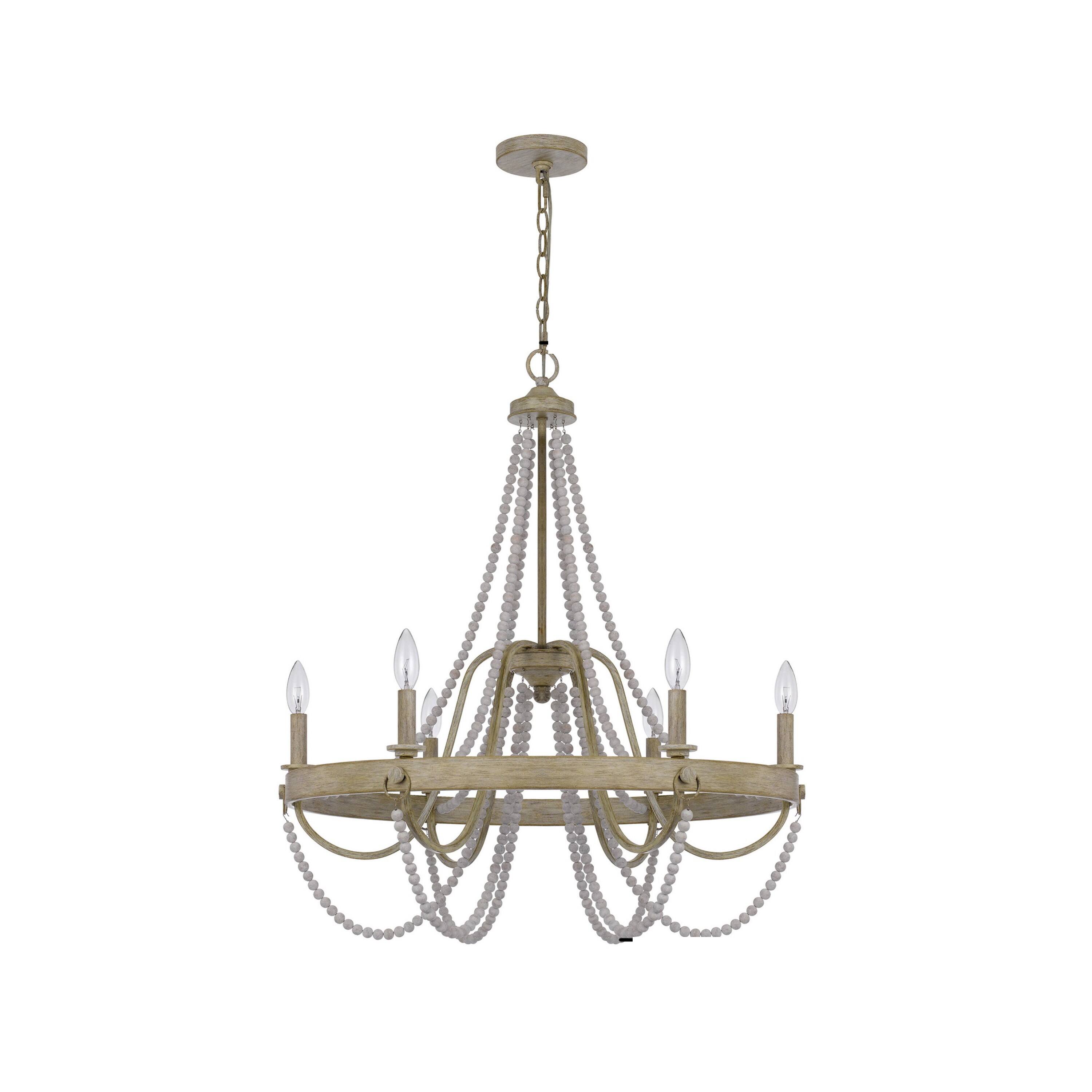 Front. Manhattan Lane - Maci 28 Inch Chandelier, White Beaded Candelabra Design, Wood - Brown, White.