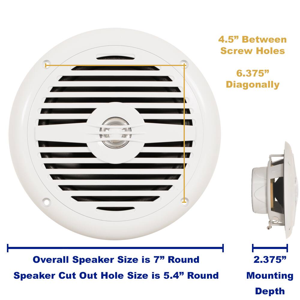 - 4.5" Between Screw Holes
- 6.375" Diagonally
- Overall Speaker Size is 7" Round
- Speaker Cut Out Hole Size is 5.4" Round
- 2.375" Mounting Depth