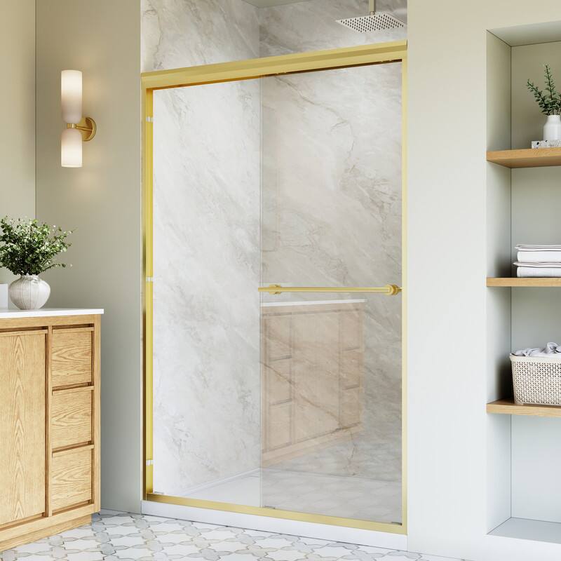 Left. WELLFOR - 44-48 in. W x 72 in. H Framed Sliding Shower Door with 1/4 in. Clear Tempered Safety Glass,Reversible - Brushed Gold.
