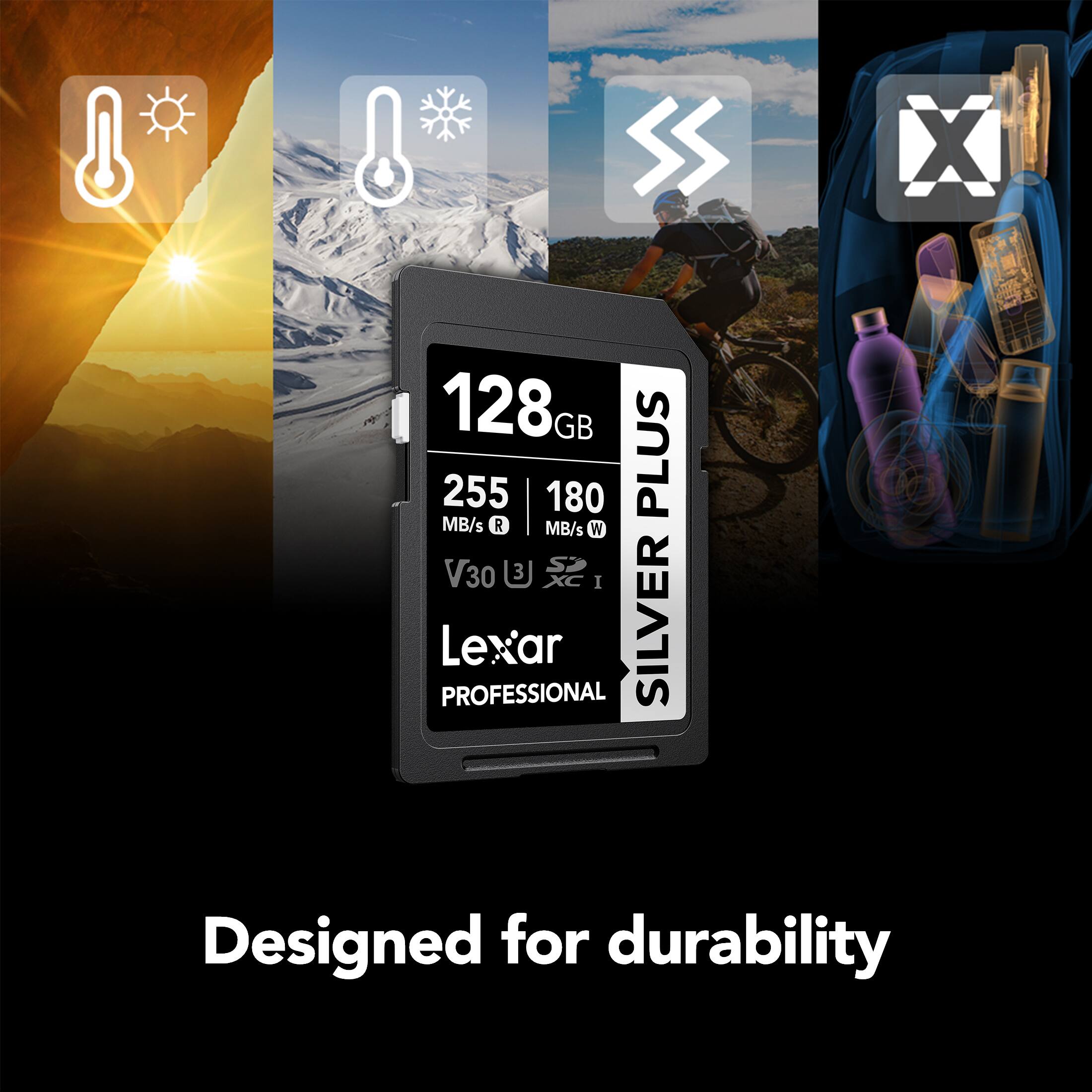 128GB 255 MB/s R 180 MB/s W V30 I PROFESSIONAL Lexar SILVER Designed for durability