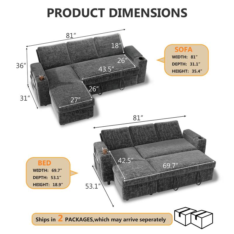 PRODUCT DIMENSIONS

SOFA
- WIDTH: 81"
- DEPTH: 31.1"
- HEIGHT: 35.4"

BED
- WIDTH: 69.7"
- DEPTH: 53.1"
- HEIGHT: 18.9"

Ships in 2 PACKAGES, which may arrive separately