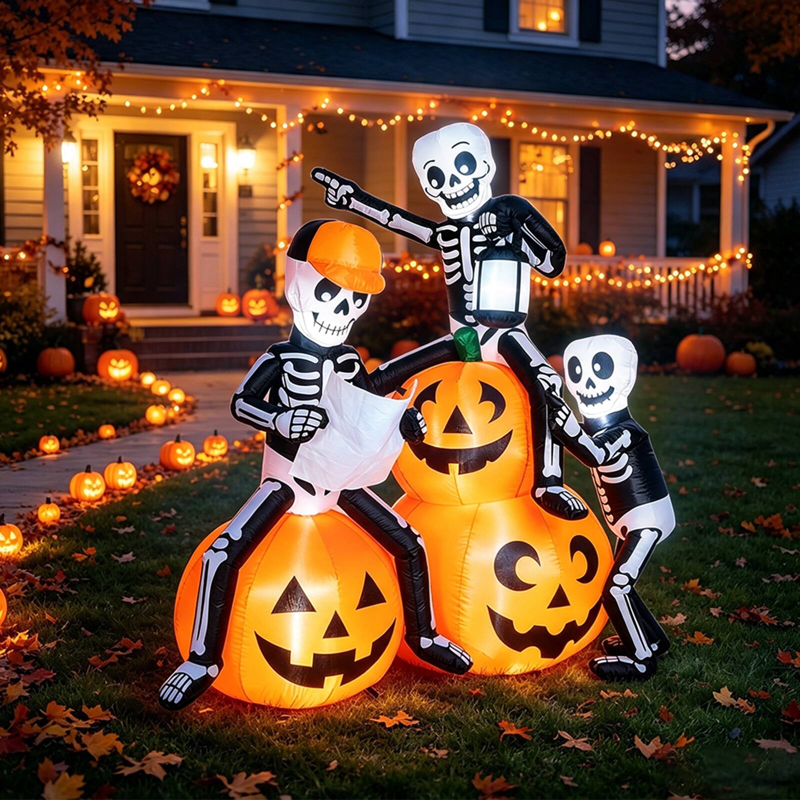 Front. CAMULAND - 5FT LED Yard Decor Halloween Inflatable Skeletons with Pumpkin - Orange.