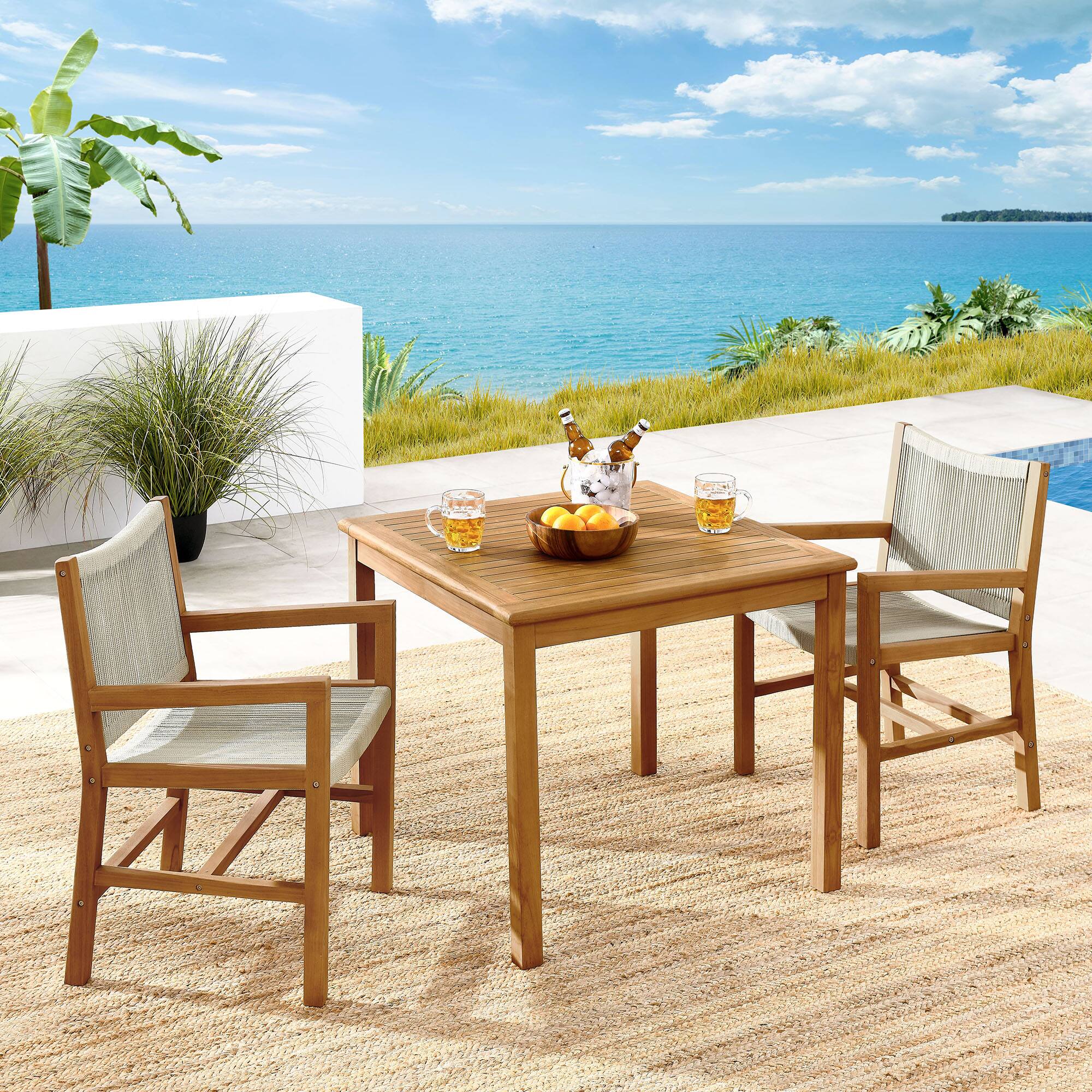 Vienna 3-Piece Outdoor Patio Teak and Rope Dining Set with Armchairs by Modway - Natural Natural