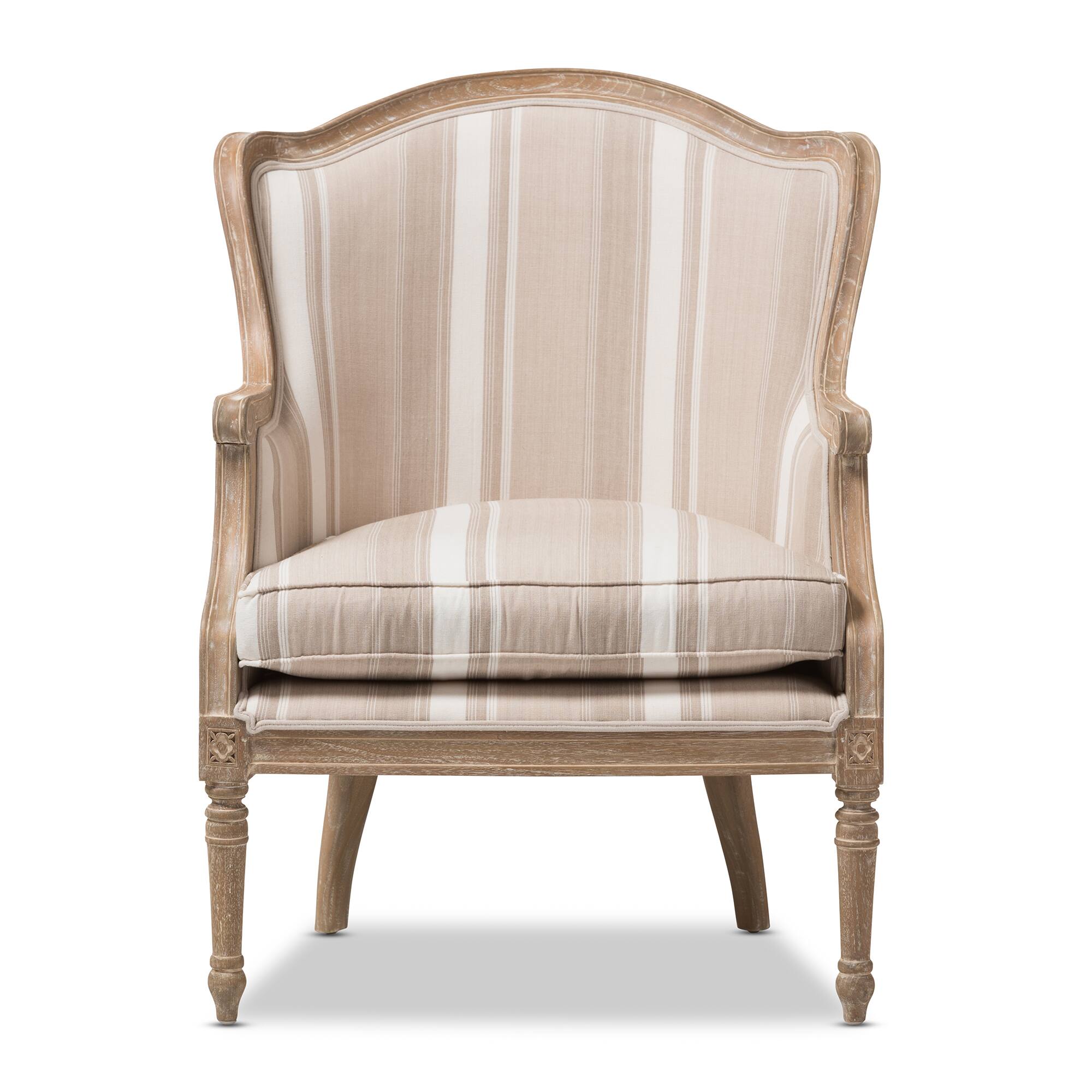 Left. Baxton Studio - Charlemagne Traditional French Accent Chair-Oak (Stripe) - Beige.