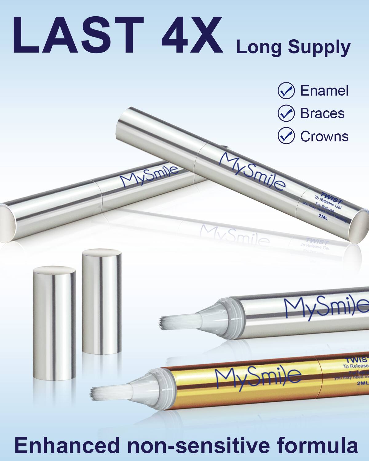 LAST 4X Long Supply
Enamel
Braces
Crowns
MySmile
MySmile
To TWIST
you may need
2ML
MySmile
TWIST
To Release Gel
MySmile
TWIST
To Release
Enhanced non-sensitive formula