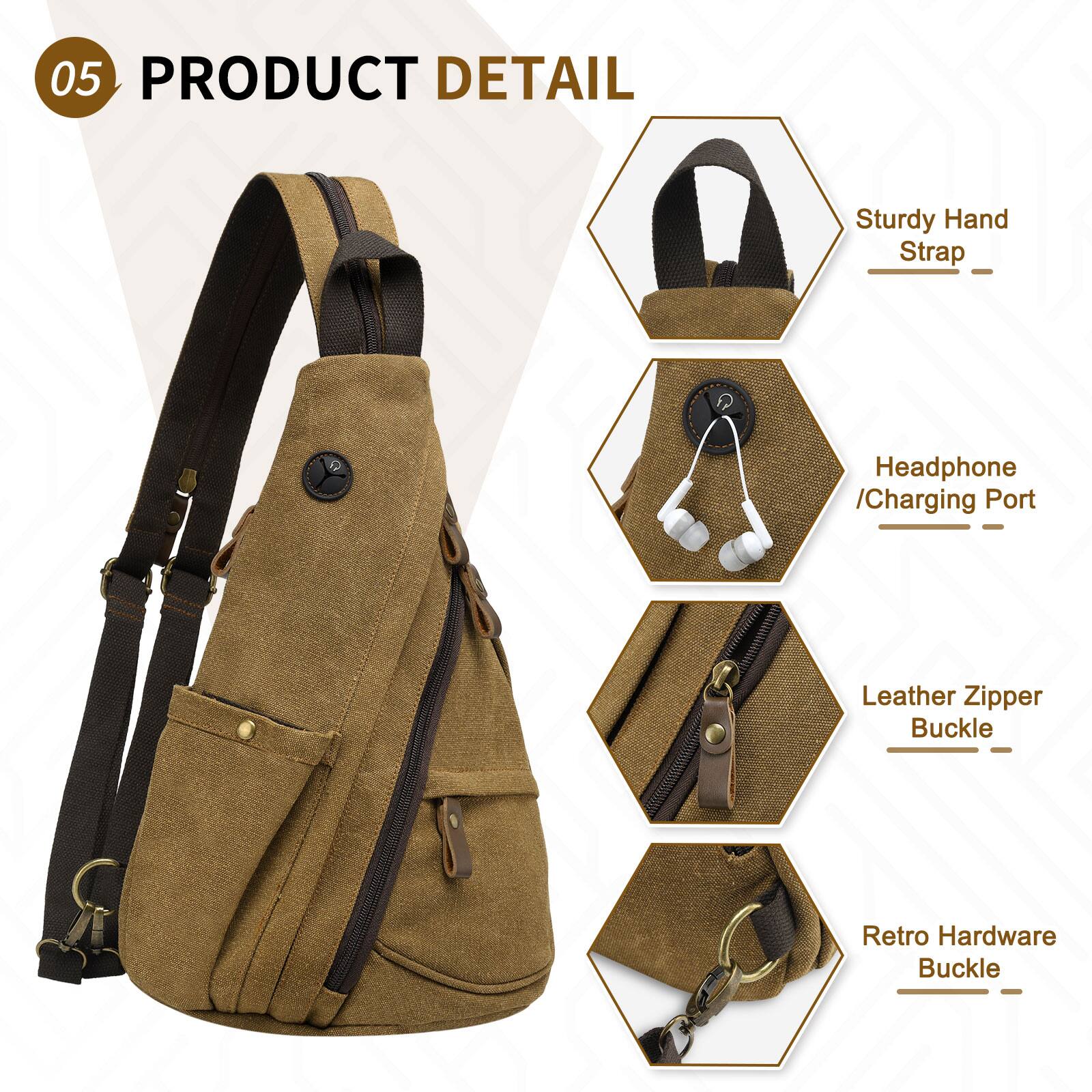 05 PRODUCT DETAIL

- Sturdy Hand Strap
- Headphone / Charging Port
- Leather Zipper Buckle
- Retro Hardware Buckle