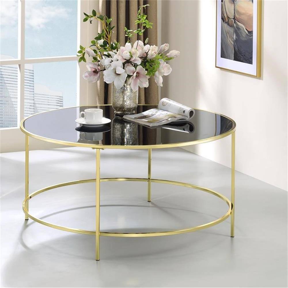Alt View 4. Furniture of America - Rockbel Contemporary Glass Top Round Coffee Table - Brass.