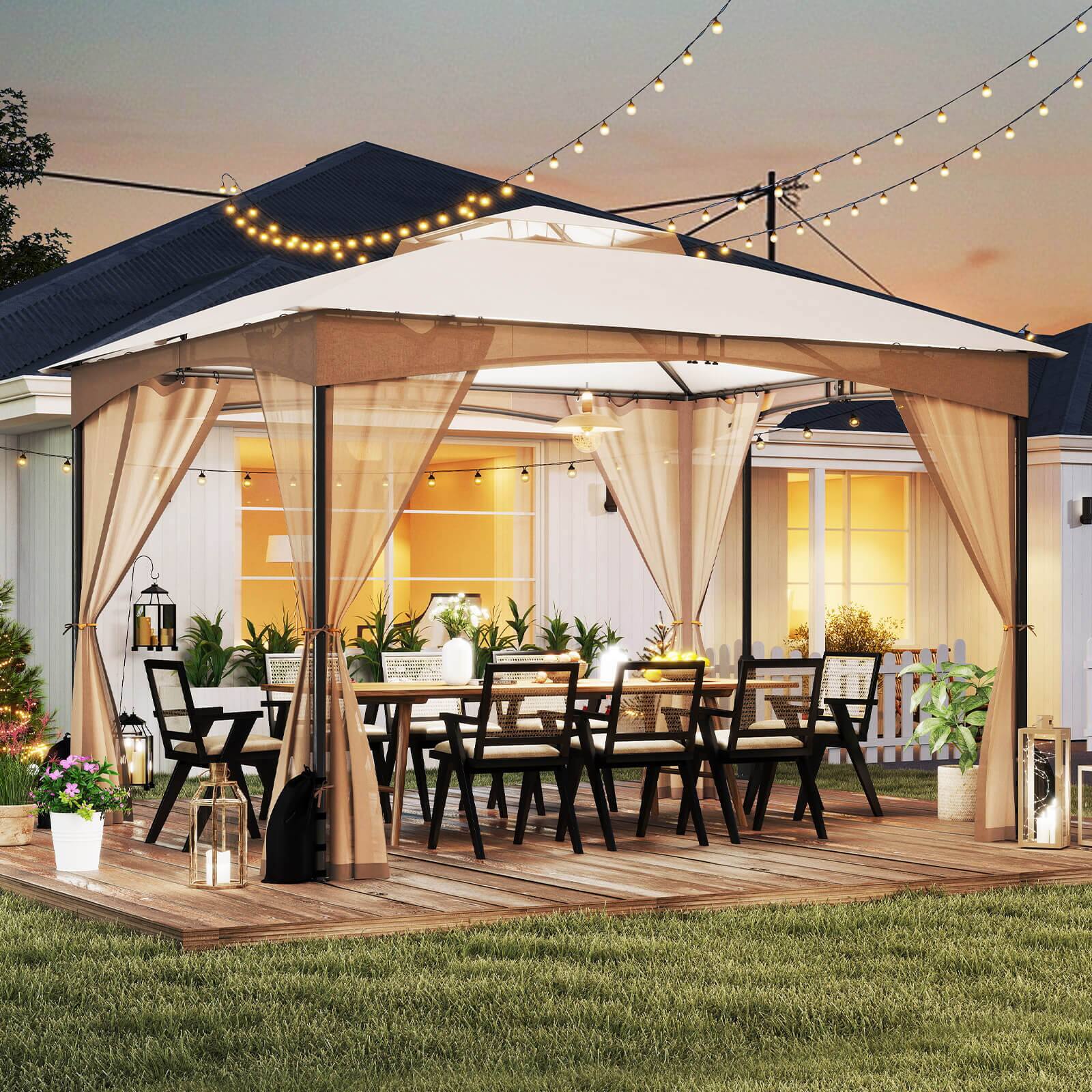 Alt View 4. Costway - Costway 10 X 12 FT Patio Gazebo with Netting Walls 4 Sandbags Zippered Doors Outdoor - Beige.