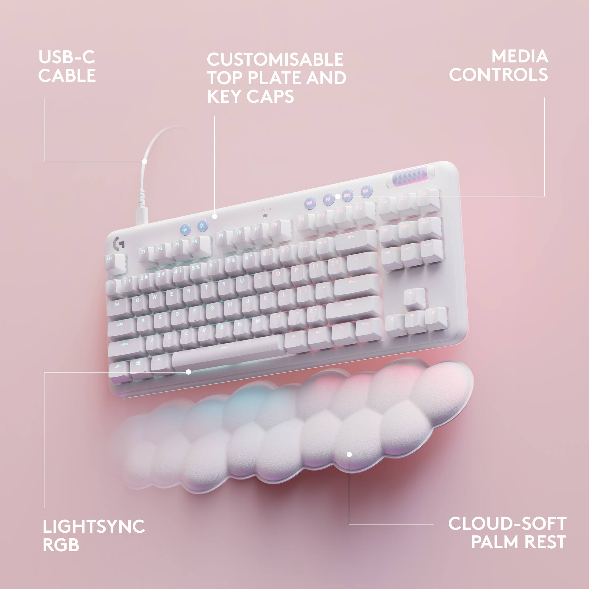 The text on the image can be grouped and corrected as follows:

1. USB-C Cable: Customisable Top Plate and Key Caps
2. Media Controls: LightSync RGB, Cloud-Soft Palm Rest
3. Keyboard: Customisable Top Plate and Key Caps
4. LightSync RGB: Customisable Top Plate and Key Caps
5. Cloud-Soft Palm Rest: Customisable Top Plate and Key Caps