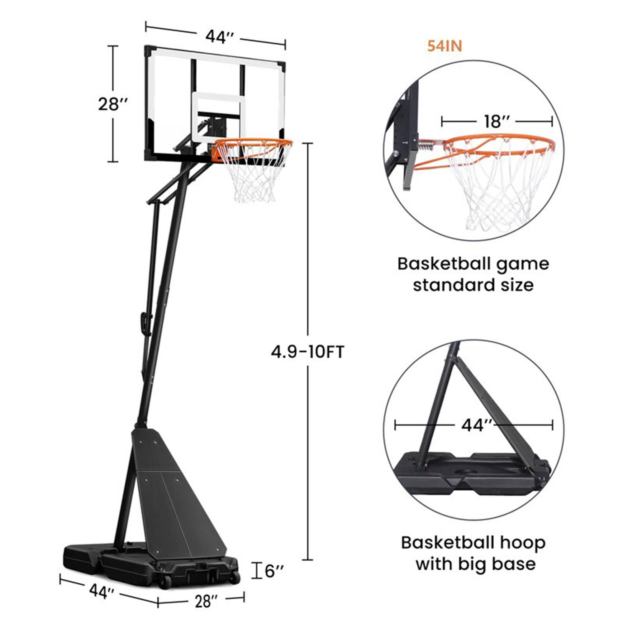 44"
54IN
28"
18"
Basketball game standard size
4.9-10FT
44"
28"
16"
Basketball hoop with big base