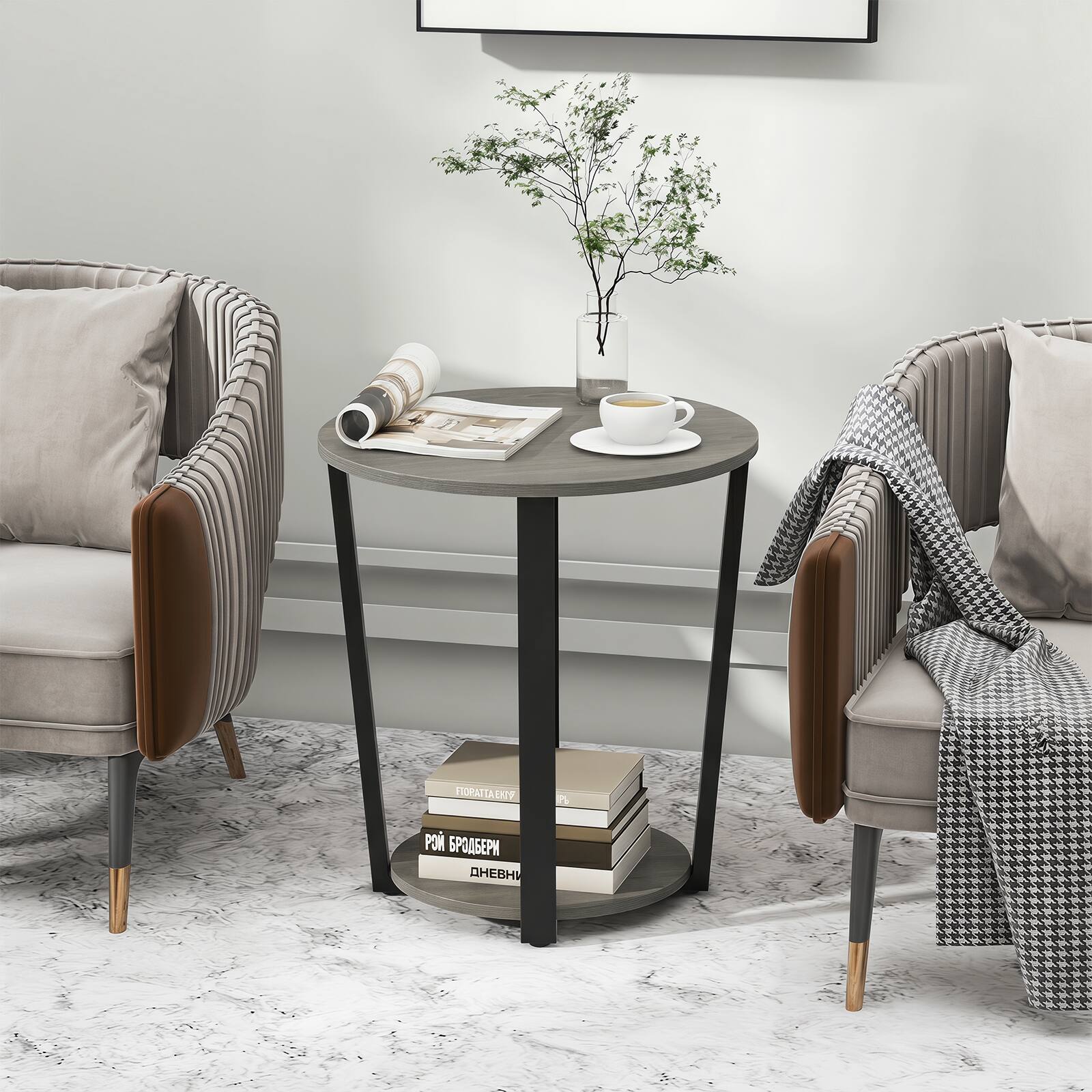 Alt View 3. Costway - Costway 2 PCS 2-tier Round Side Table, Home Accent Table with Storage Shelf, Metal Frame - Gray Oak.