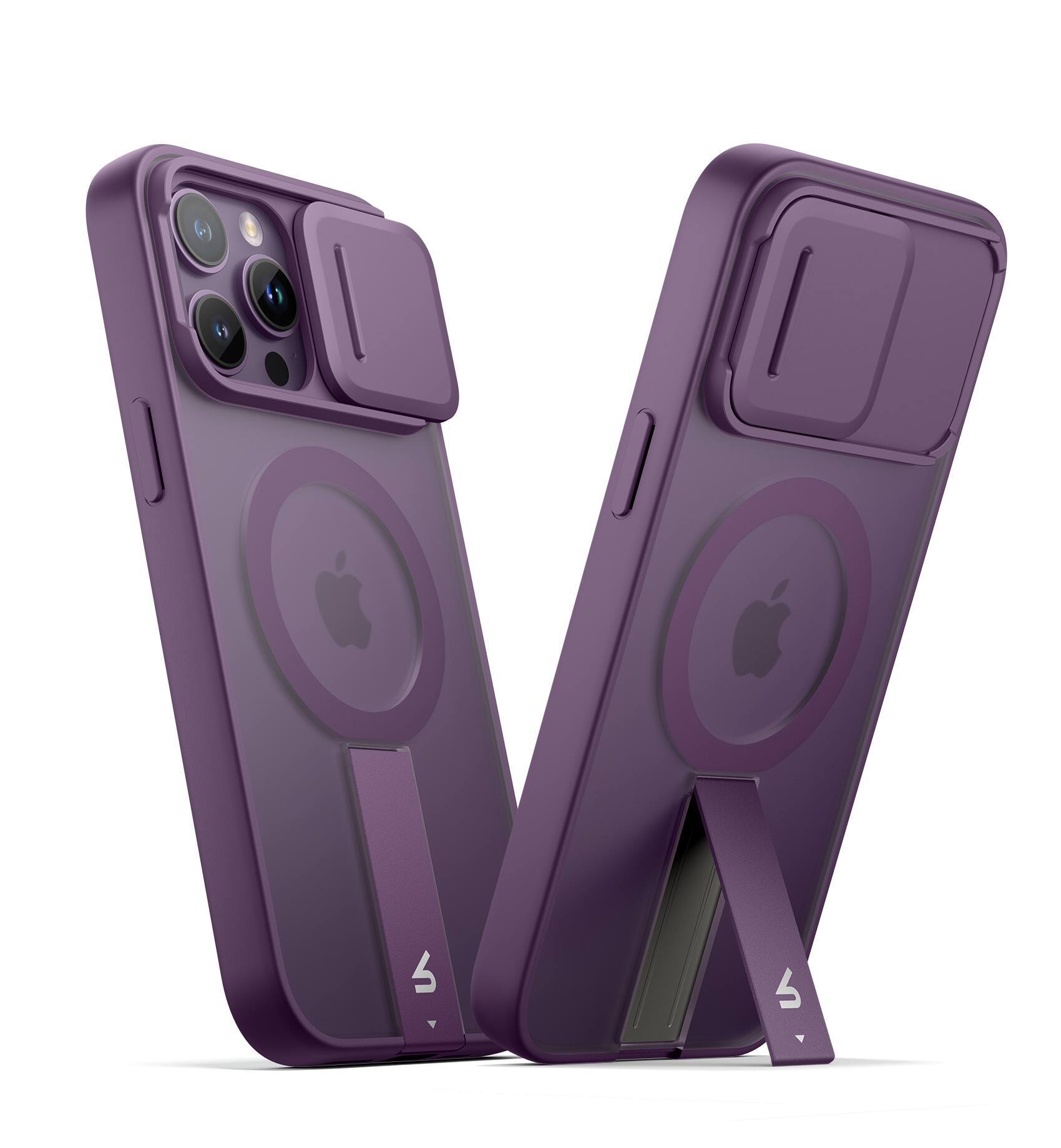 Angle. SURITCH - Rugged Case for iPhone 14 Pro, Compatible with MagSafe, Built-in Kickstand & Camera Cover & Translucent Back 6.1 inch - Dark Purple.