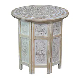 Manhattan Lane - Accent Side Table, Mango Wood 18 Inch Round Top, Hand Carved Inlay Mandala Design - Washed White
