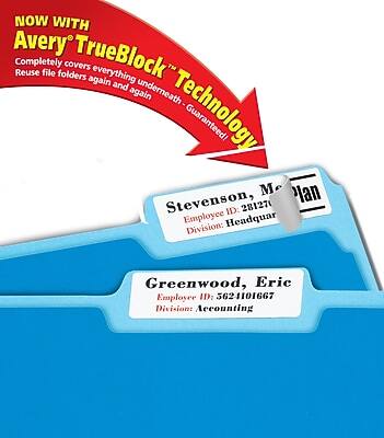 NOW WITH Avery TrueBlock™  
Completely covers everything underneath  
Reuse file folders again and again  
Guaranteed Technology  

Stevenson, Malcolm  
Employee ID: 28127  
Division: Headquarters  

Greenwood, Eric  
Employee ID: 5621101667  
Division: Accounting