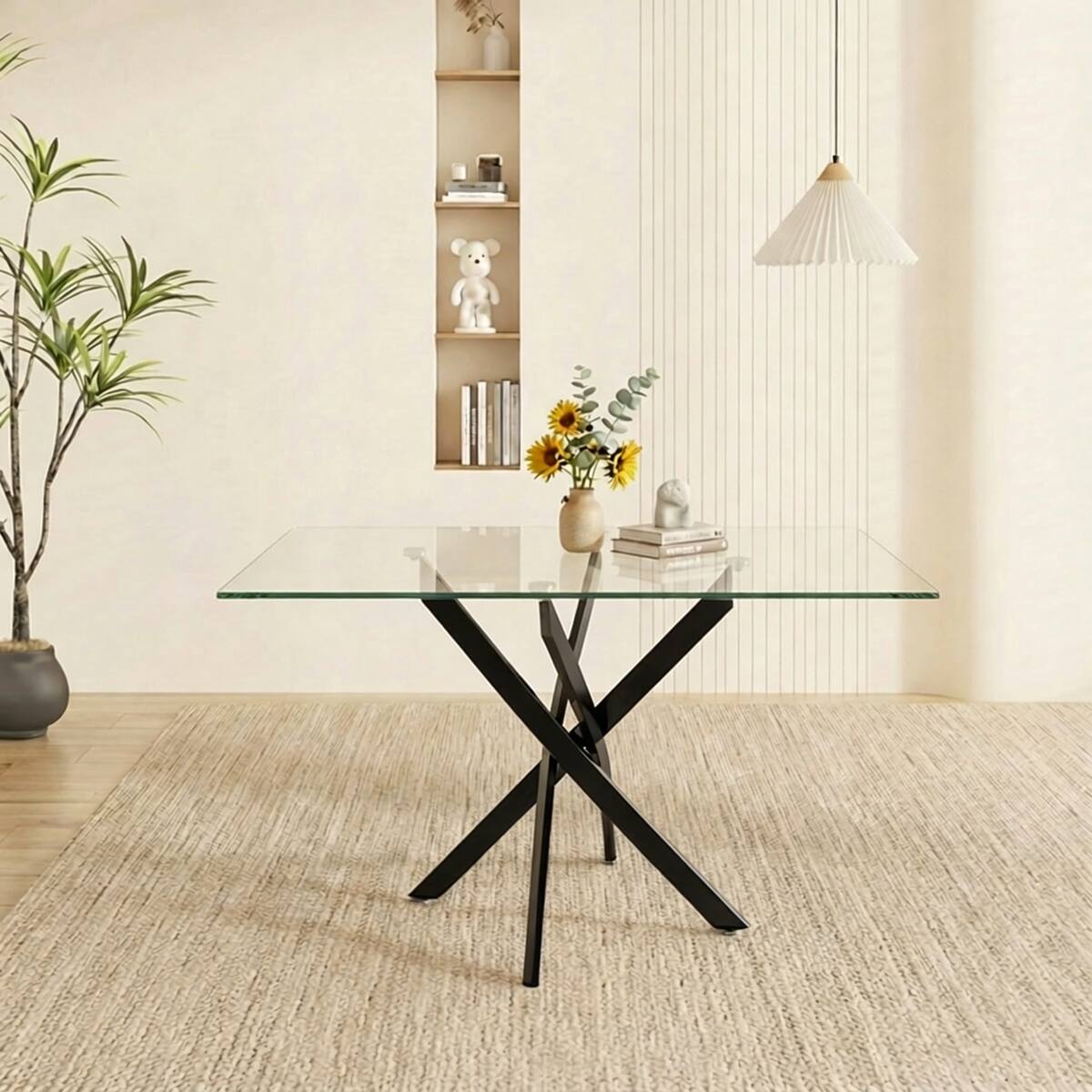 Front. Loheer - Loheer Rectangular Glass Dining Table with Black Metal Legs, 47.24 Inch Modern Table - Black.