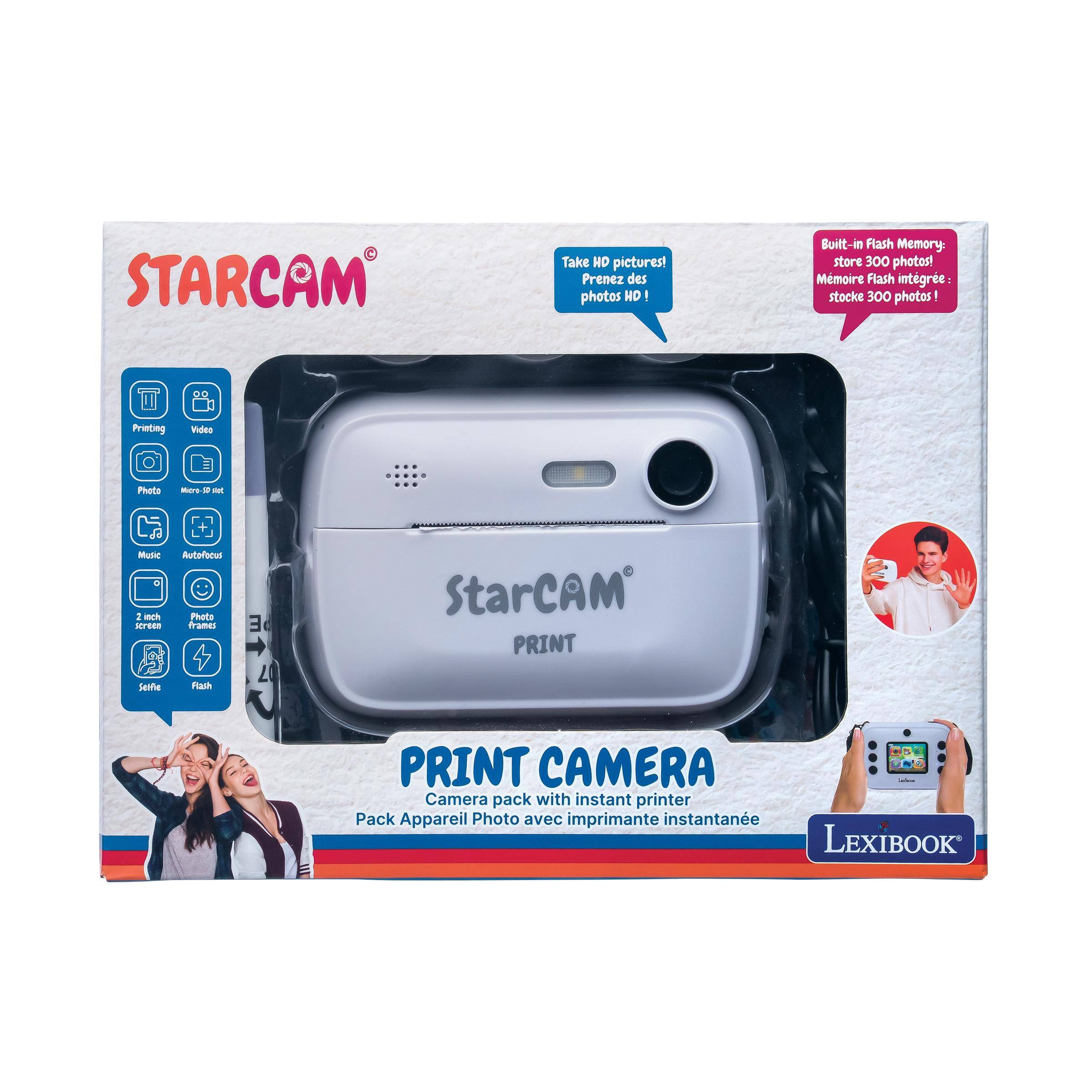 STARCAM

Take HD pictures! Prenez des photos HD!
Built-in Flash Memory. store 300 photos! Mmoire Flash intgrée: stocke 300 photos!

Printing
Video
Photo
Micro-SD st
Music Autofocus 2 inch Photo screen frames Selfie Flash

StarCAM PRINT
PRINT CAMERA - Camera pack with instant printer Pack Appareil Photo avec imprimante instantanée LEXIBOOK