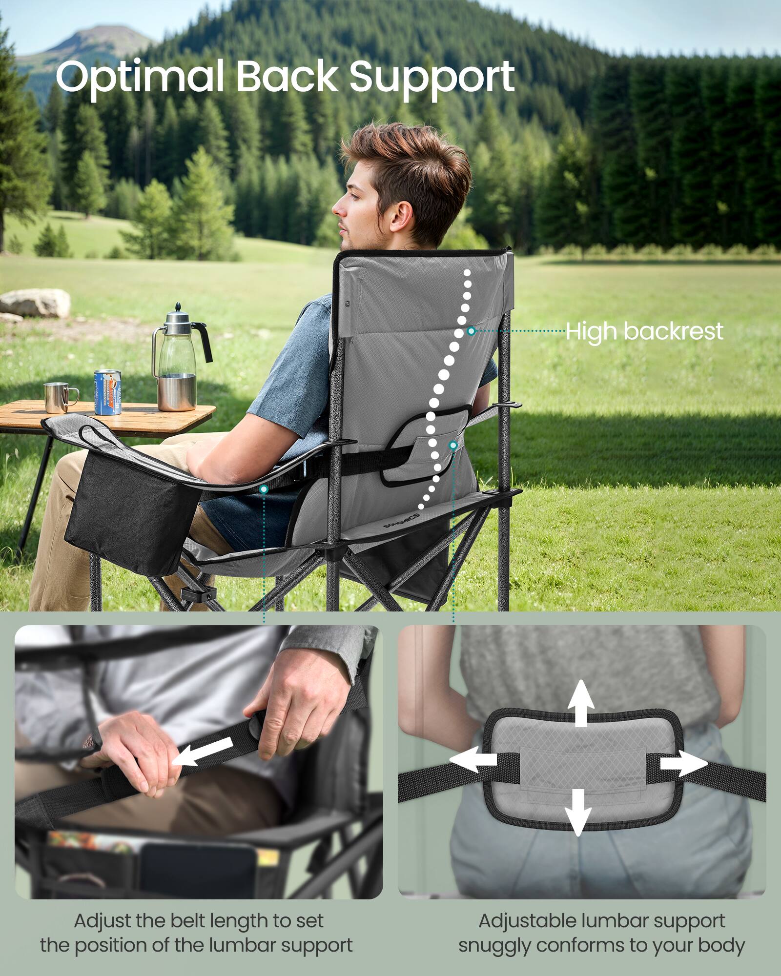 Optimal Back Support

- High backrest
- Adjust the belt length to set the position of the lumbar support
- Adjustable lumbar support snugly conforms to your body