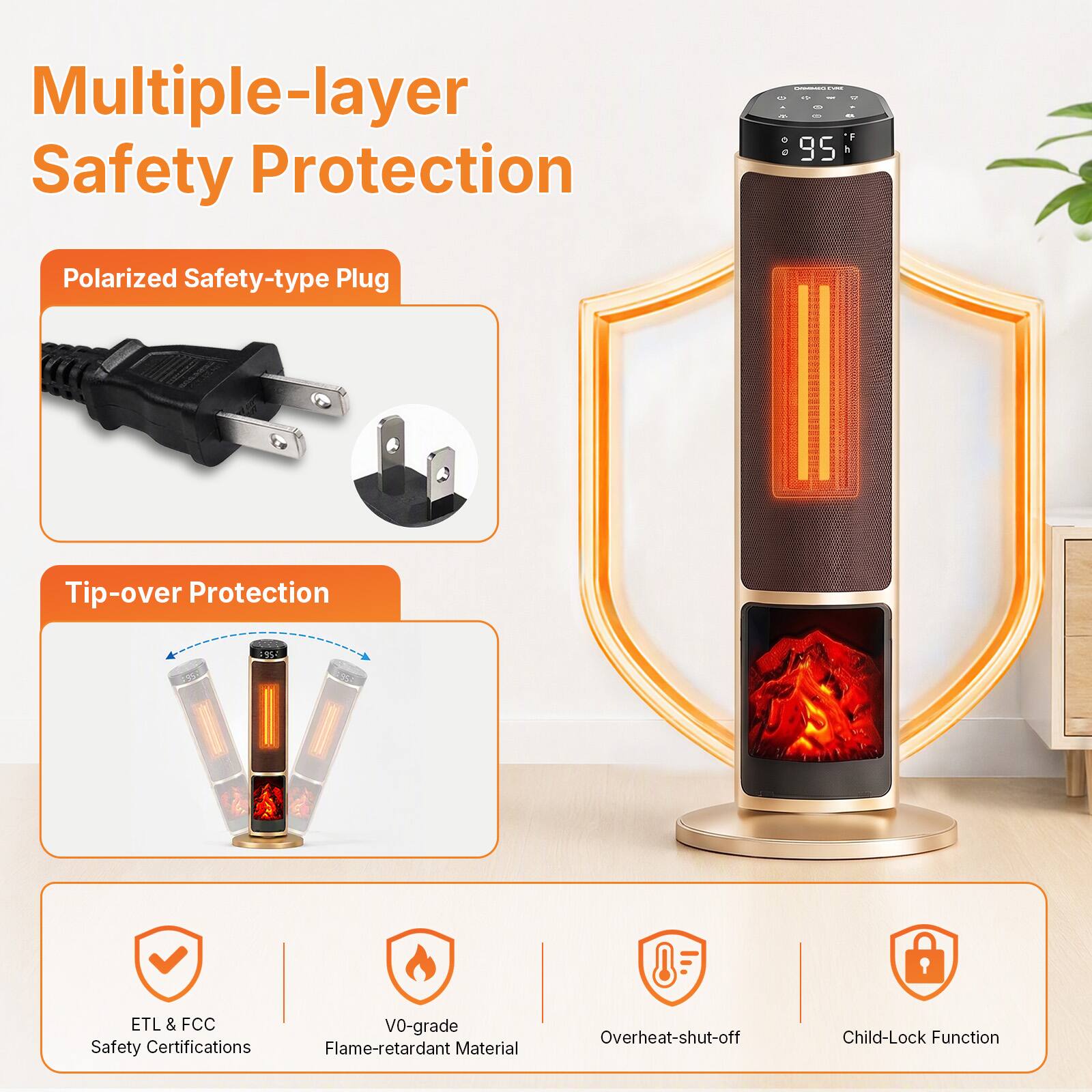 Multiple-layer Safety Protection

- Polarized Safety-type Plug
- Tip-over Protection
- ETL & FCC Safety Certifications
- V0-grade Flame-retardant Material
- Overheat-shut-off
- Child-Lock Function