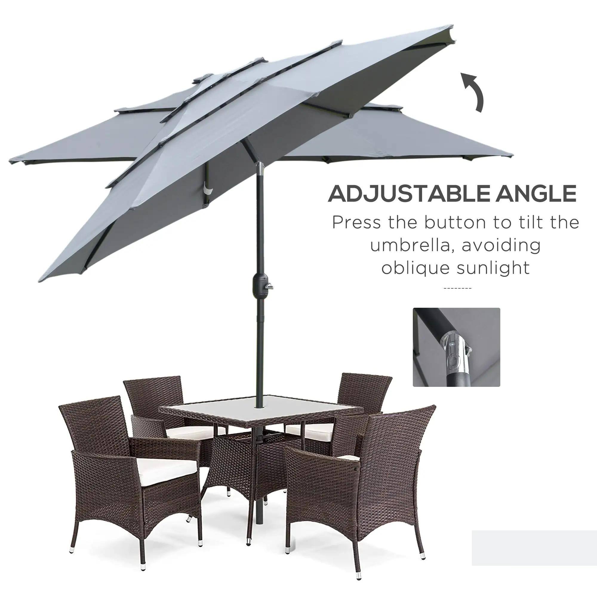 ADJUSTABLE ANGLE  
Press the button to tilt the umbrella, avoiding oblique sunlight