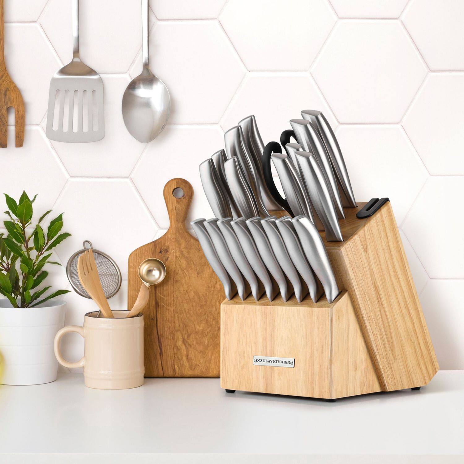 Back. Zulay Kitchen - Zulay Kitchen 20 Piece Stainless Steel Knife Set with Block and Sharpener - Light Brown.