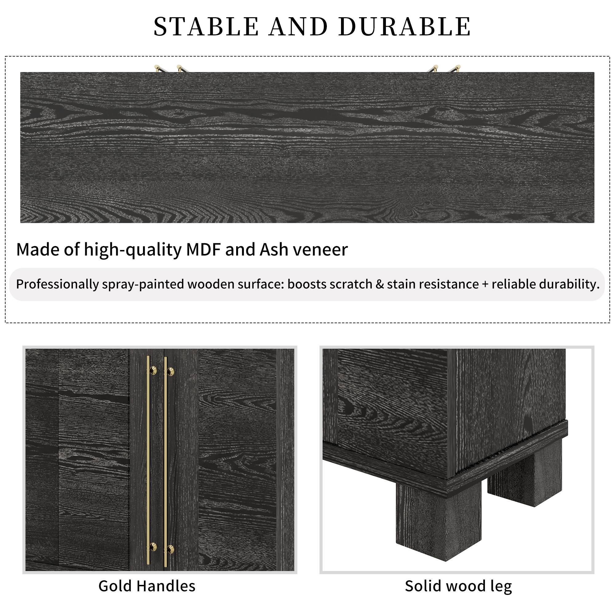 STABLE AND DURABLE

Made of high-quality MDF and Ash veneer

Professionally spray-painted wooden surface: boosts scratch & stain resistance + reliable durability.

Gold Handles

Solid wood leg