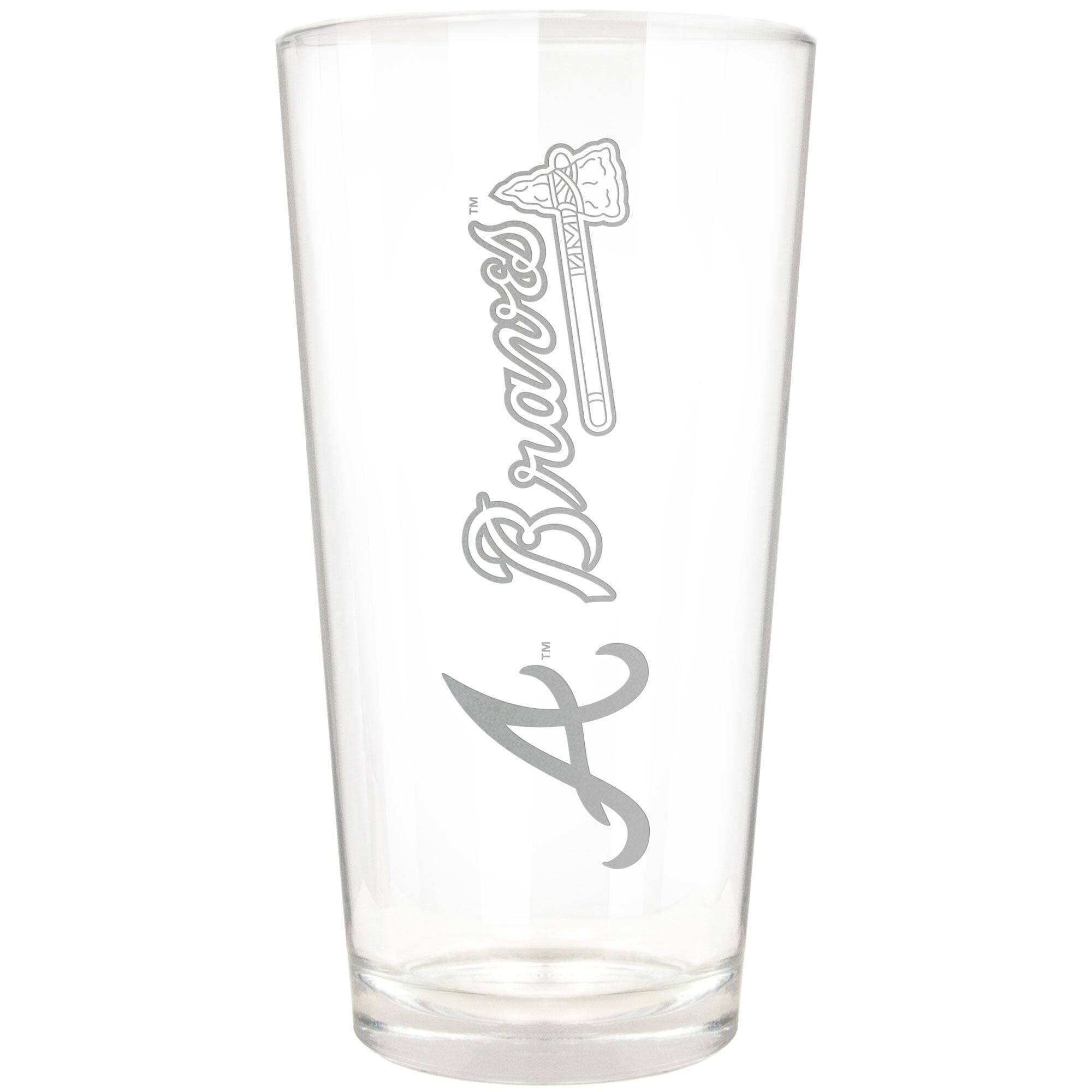 Front. Great American Products - Atlanta Braves Etched 16oz. Vertical Rally Cry Pint Glass - Multicolor.