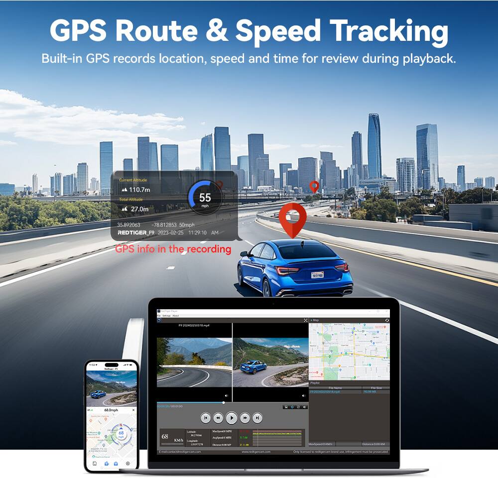 GPS Route & Speed Tracking
Built-in GPS records location, speed and time for review during playback.

Current Altitude: 110.7m
Total Altitude: 27.0m
Speed: 55 mph
GPS Info: 35.892063 -78.812853
Date and Time: 2023-02-25 11:29:10 AM
GPS Info in the recording