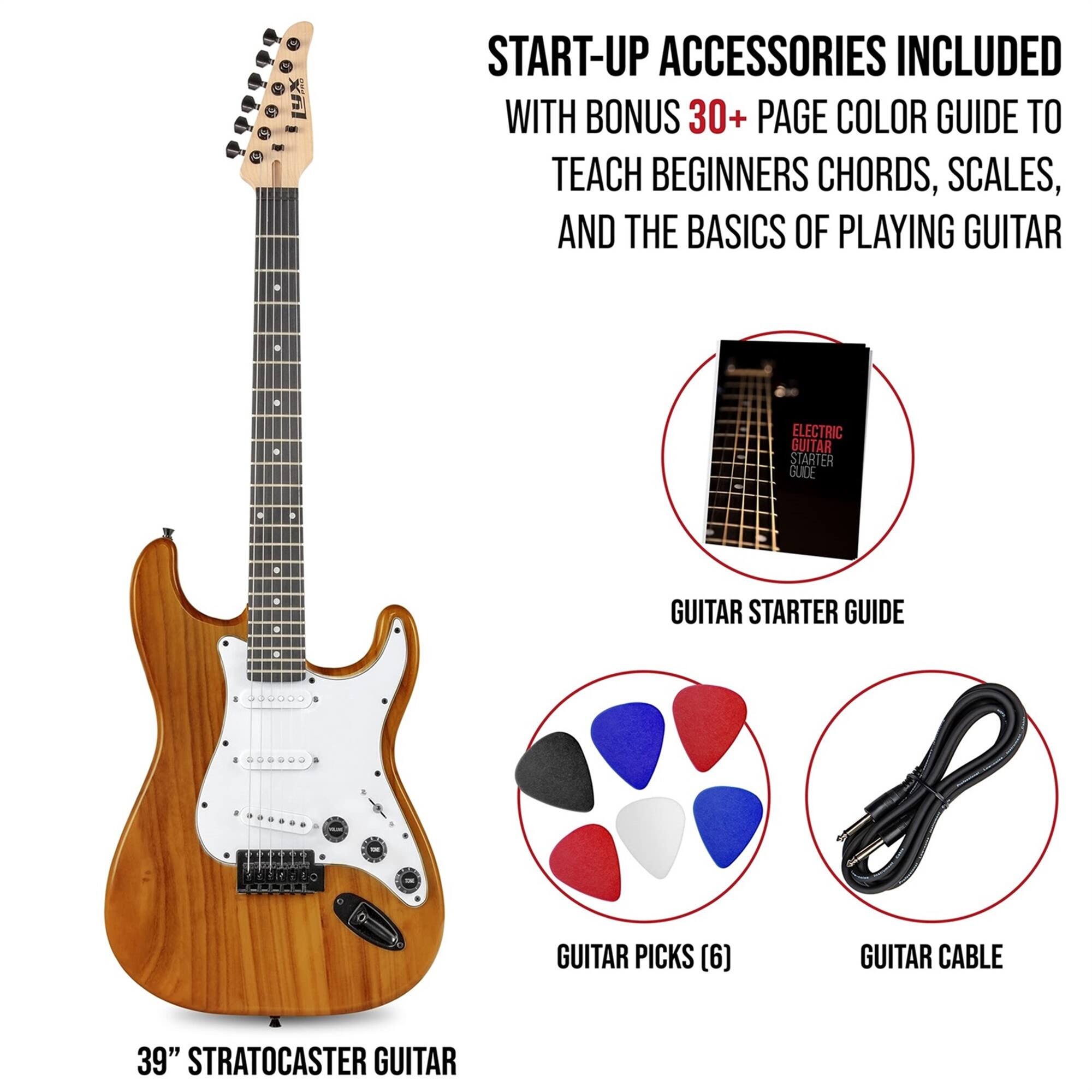 ML M - START-UP ACCESSORIES INCLUDED WITH BONUS 30+ PAGE COLOR GUIDE TO TEACH BEGINNERS CHORDS, SCALES, AND THE BASICS OF PLAYING GUITAR ELECTRIC GUITAR STARTER GUIDE a . . GUITAR STARTER GUIDE . GUITAR PICKS (6) GUITAR CABLE 39" STRATOCASTER GUITAR