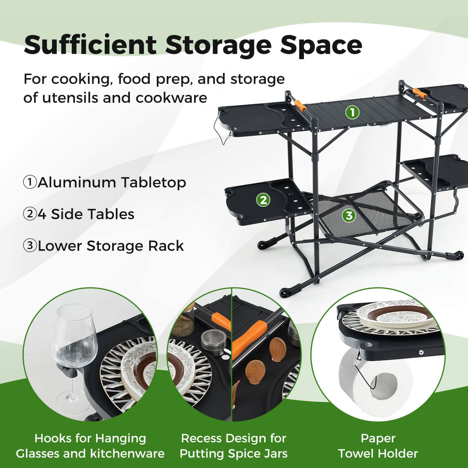 Sufficient Storage Space: For cooking, food prep, and storage of utensils and cookware.
1. Aluminum Tabletop: 2 4 Side Tables
2. Lower Storage Rack: Hooks for Hanging Recess Design for Glasses and kitchenware Putting Spice Jars Paper Towel Holder