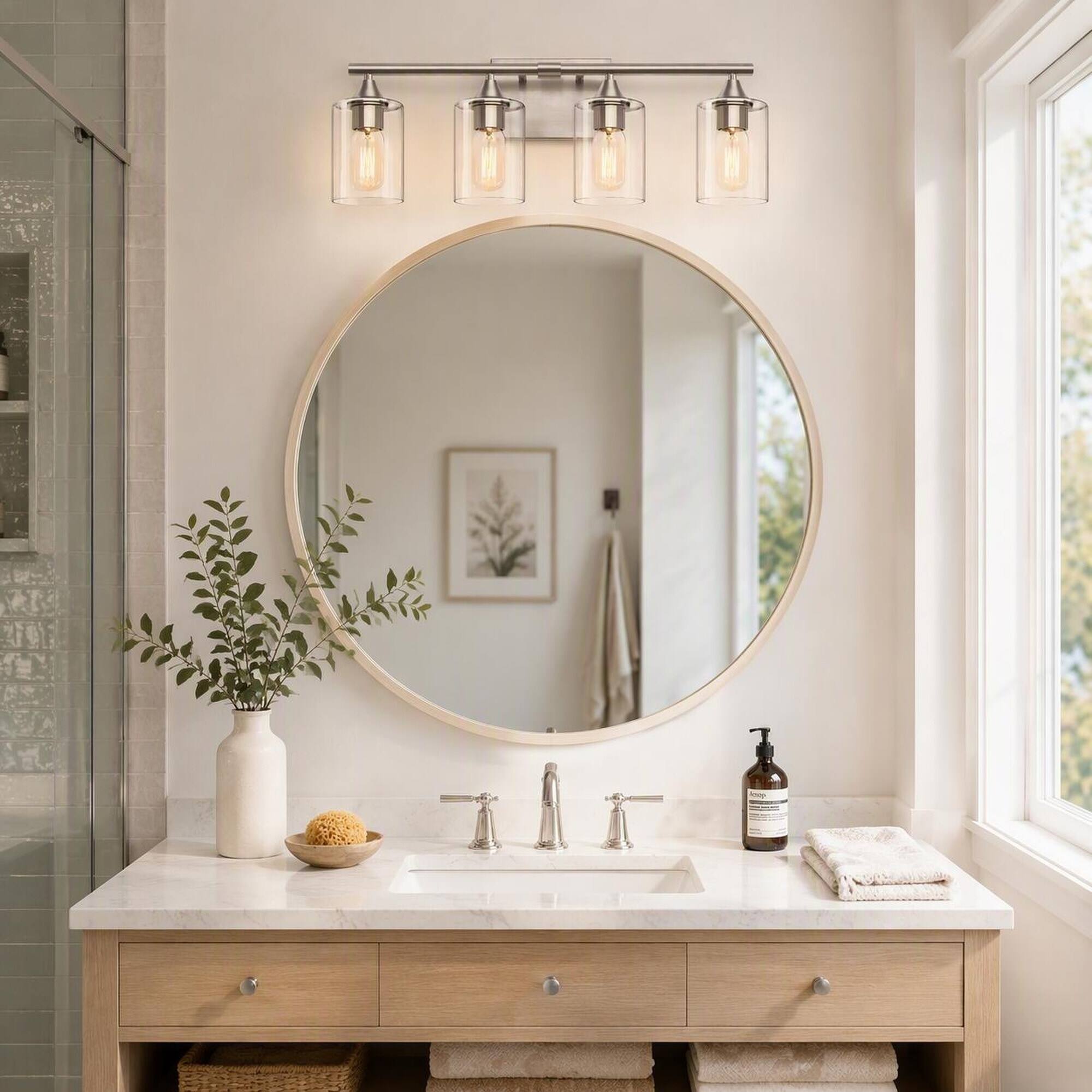 Angle. RYHNUYNE - 4-Light Brushed Nickel Vanity Light for Bathroom, Clear Glass Shade Wall Sconce, Moisture-Proof Metal Frame.