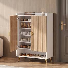 Costway - 44" 7-Tier Tall Shoe Storage Cabinet with Doors, Adjustable Shelves & Metal Legs - Natural + White