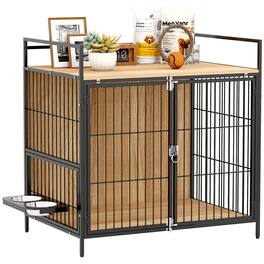 Pawhut - Dog Crate Furniture, Rotating Bowls, 30" End Side Table, 2 Anti-Escape Doors, Top Storage, Indoor Medium Dogs