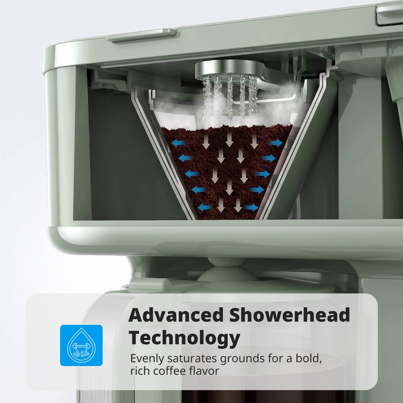 Advanced Showerhead Technology  
Evenly saturates grounds for a bold, rich coffee flavor