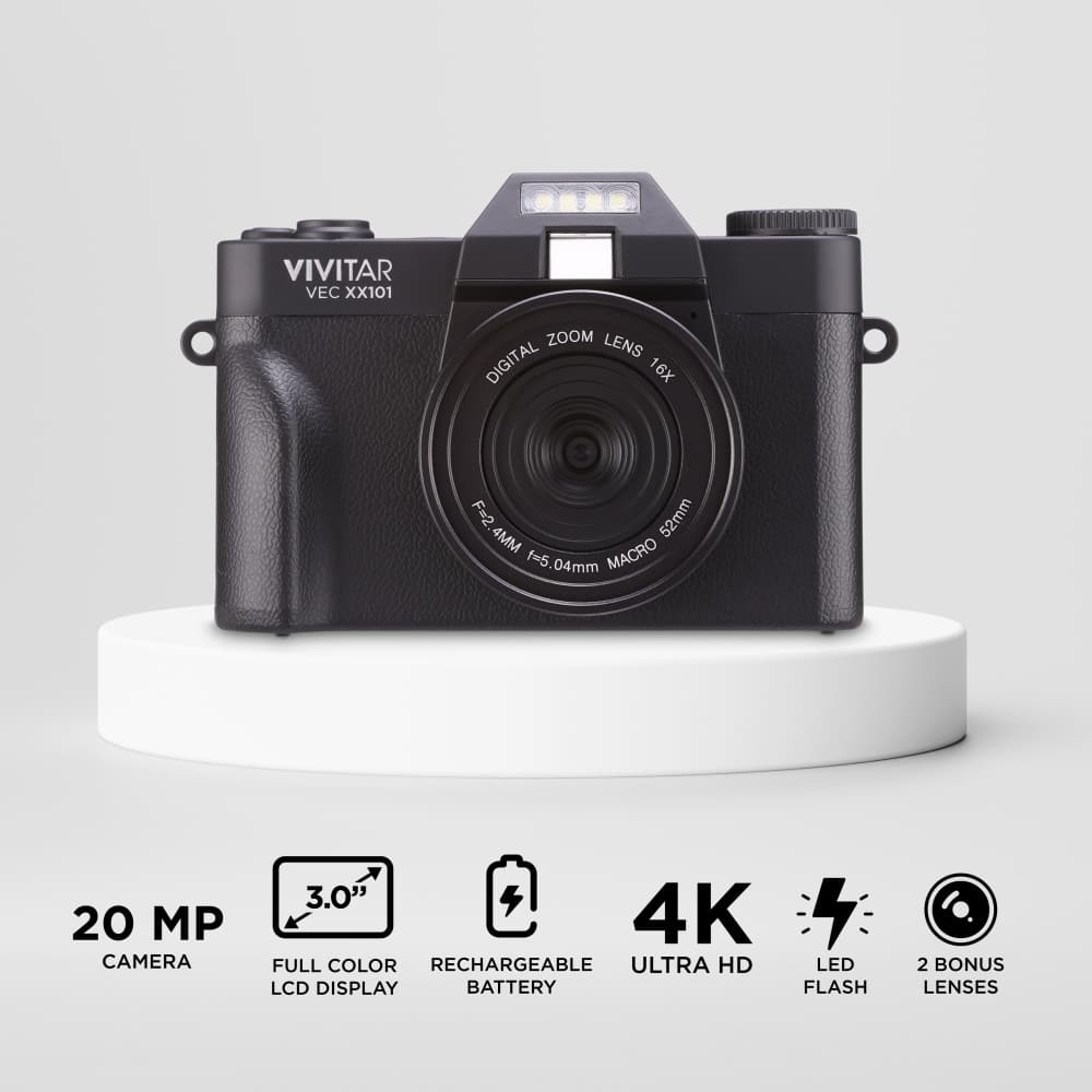 The text on the image reads: "VIVITAR VEC XX101 ZOOM LENS DIGITAL 16X F=2.52MM 4MM MACRO f=5.04MM 20 MP CAMERA 3.0' 4K FULL COLOR RECHARGEABLE ULTRA HD LED LCD DISPLAY BATTERY FLASH 2 BONUS LENSES."
