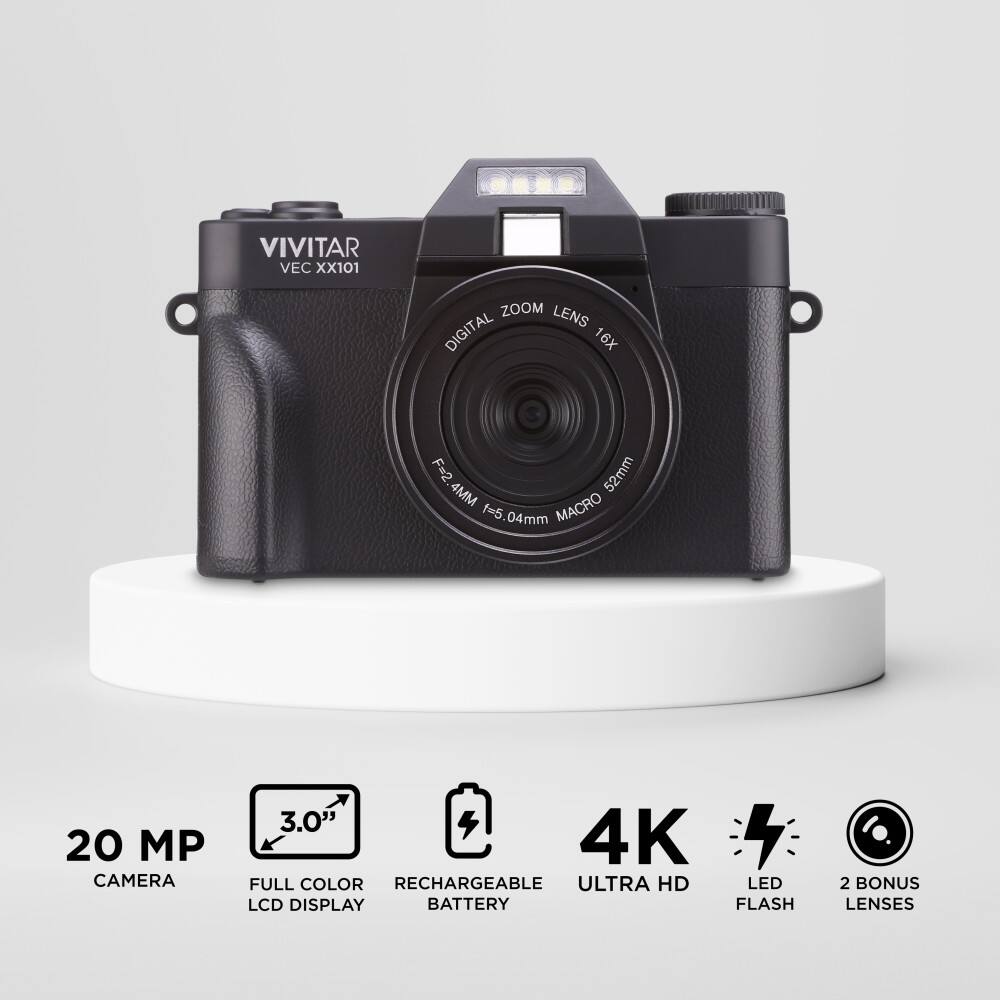 The text on the image reads: "VIVITAR VEC XX101 ZOOM LENS DIGITAL 16X F=2.52MM 4MM MACRO f=5.04MM 20 MP CAMERA 3.0' 4K FULL COLOR RECHARGEABLE ULTRA HD LED LCD DISPLAY BATTERY FLASH 2 BONUS LENSES."