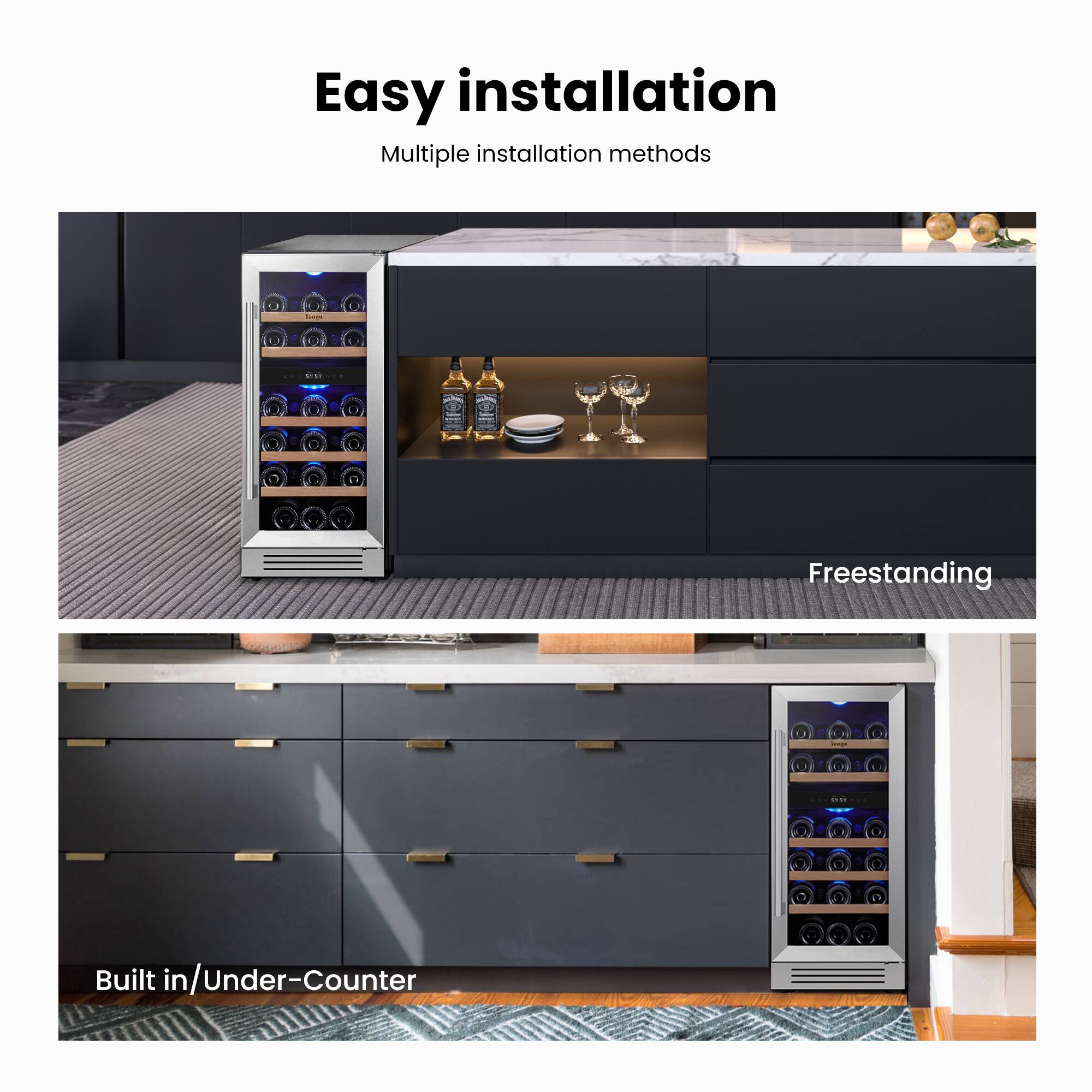 Easy installation
Multiple installation methods
Freestanding
Built in/Under-Counter