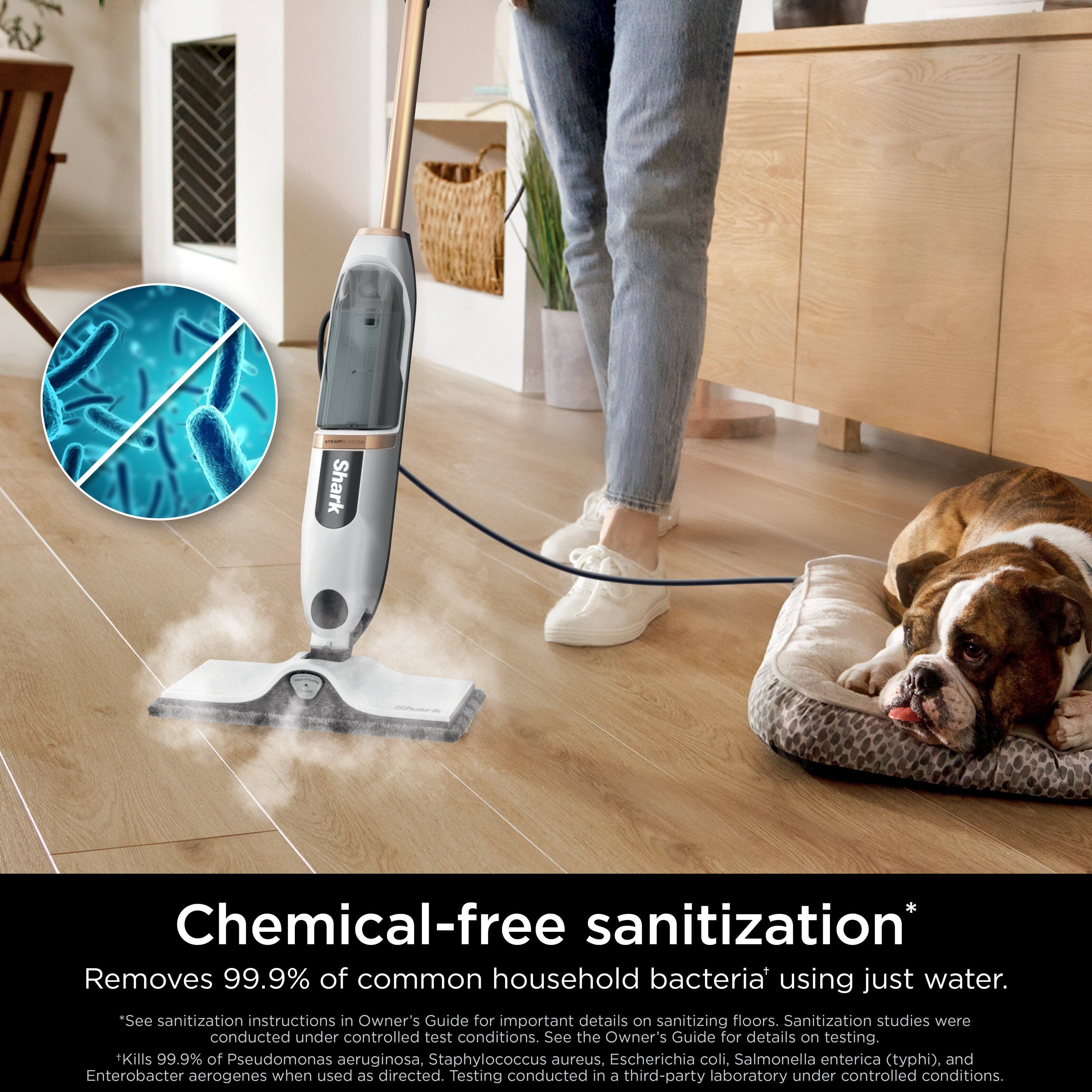 Chemical-free sanitization*  
Removes 99.9% of common household bacteria* using just water.  
See sanitization instructions in Owner's Guide for important details on sanitizing floors.  
Sanitization studies were conducted under controlled test conditions. See the Owner's Guide for details on testing.  
Kills 99.9% of Pseudomonas aeruginosa, Staphylococcus aureus, Escherichia coli, Salmonella enterica (typhi), and Enterobacter aerogenes when used as directed.  
Testing conducted in a third-party laboratory under controlled conditions.  

*See sanitization instructions in Owner's Guide for important details on sanitizing floors. Sanitization studies were conducted under controlled test conditions. See the Owner's Guide for details on testing.  
*See sanitization instructions in Owner's Guide for important details on sanitizing floors. Sanitization studies were conducted under controlled test conditions. See the Owner's Guide for details on testing.