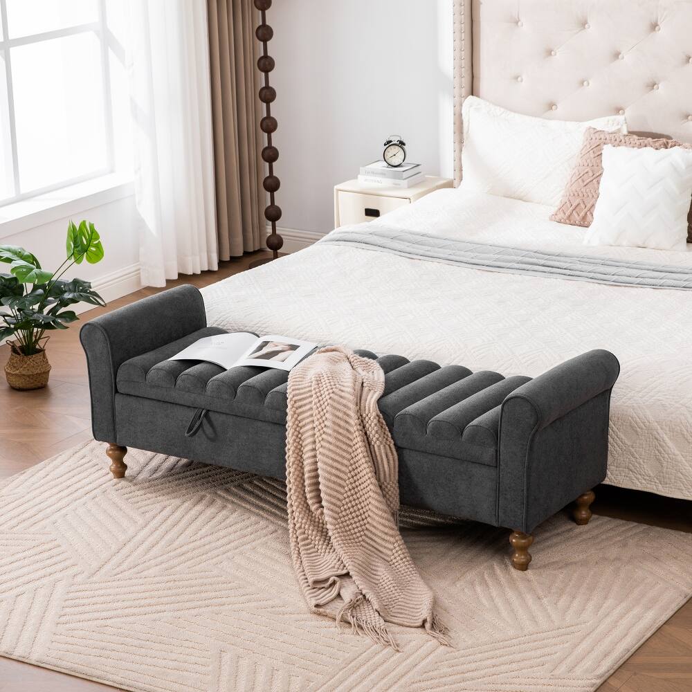 Back. Ropilly - Ropilly Modern Upholstered Storage Bench Charcoal Napped Fabric Bed End Foot Stool With Rolled Armrest - Charcoal.