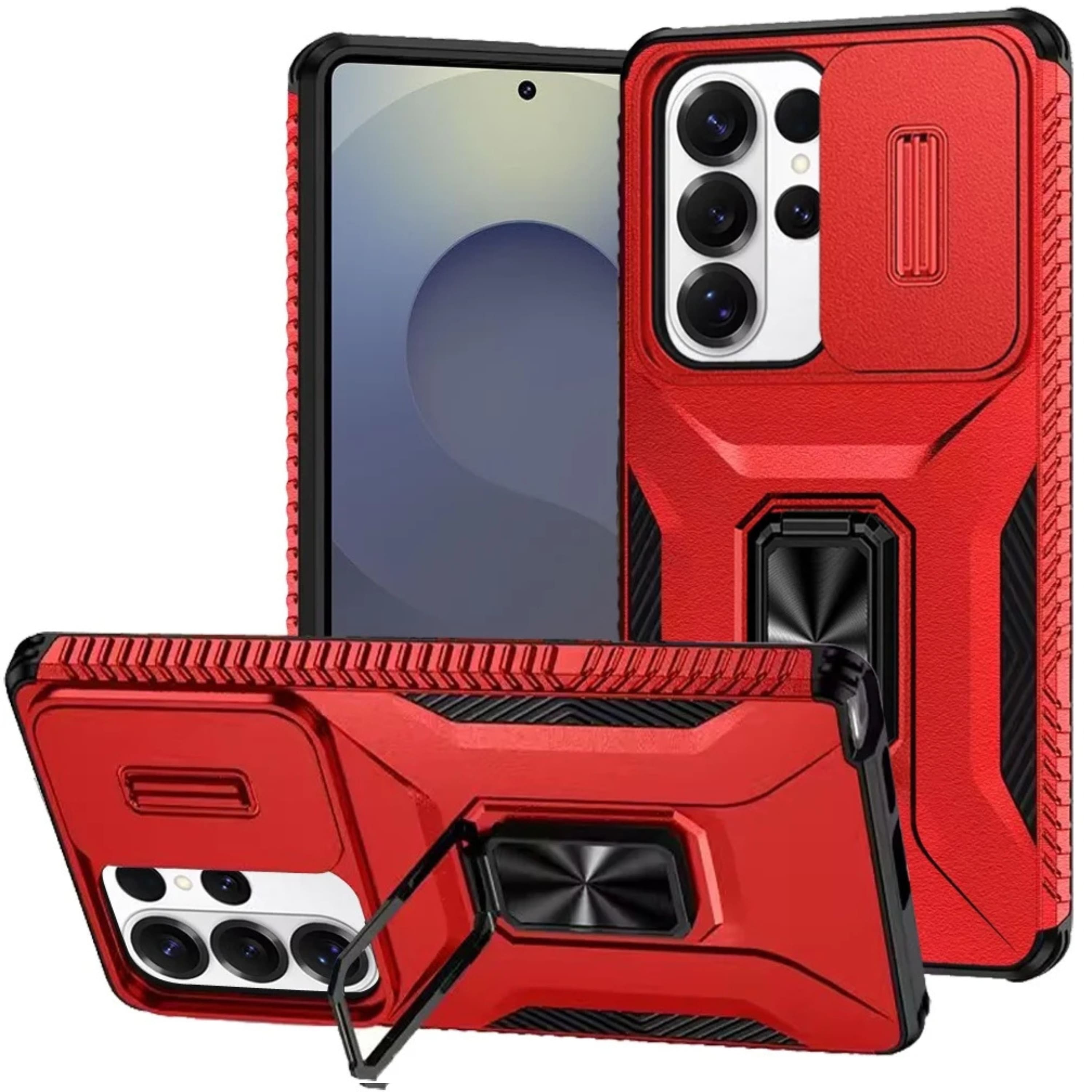 Kitcheniva - Full Coverage Metal Stand Lens Cover Phone Case With Tempered Glass For Samsung S26 Ultra Red - A13460
