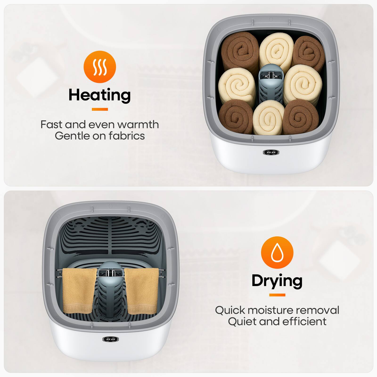**Heating**  
Fast and even warmth  
Gentle on fabrics  

**Drying**  
Quick moisture removal  
Quiet and efficient