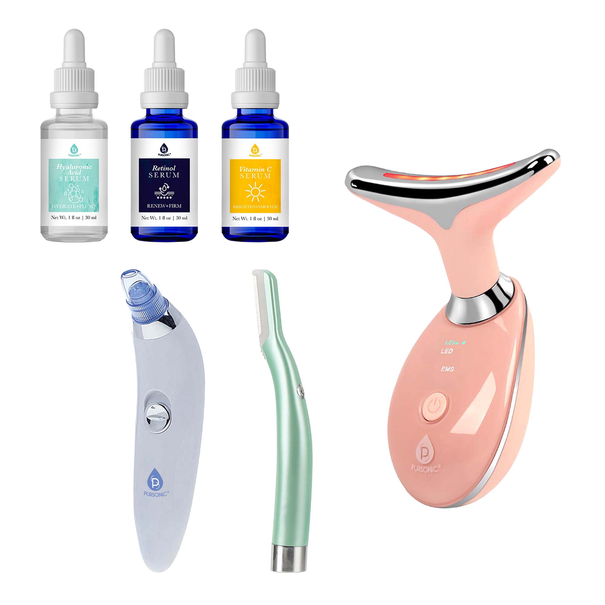 da - Hyaluronic Acid Serum  
da - Retinol Serum  
da - Vitamin C Serum  

PURSONIC  
LED & EMS  

Net Wt. 1 fl oz | 30 ml  
Net Wt. 1 fl oz | 30 ml  
Net Wt. 1 fl oz | 30 ml  

PURSONIC