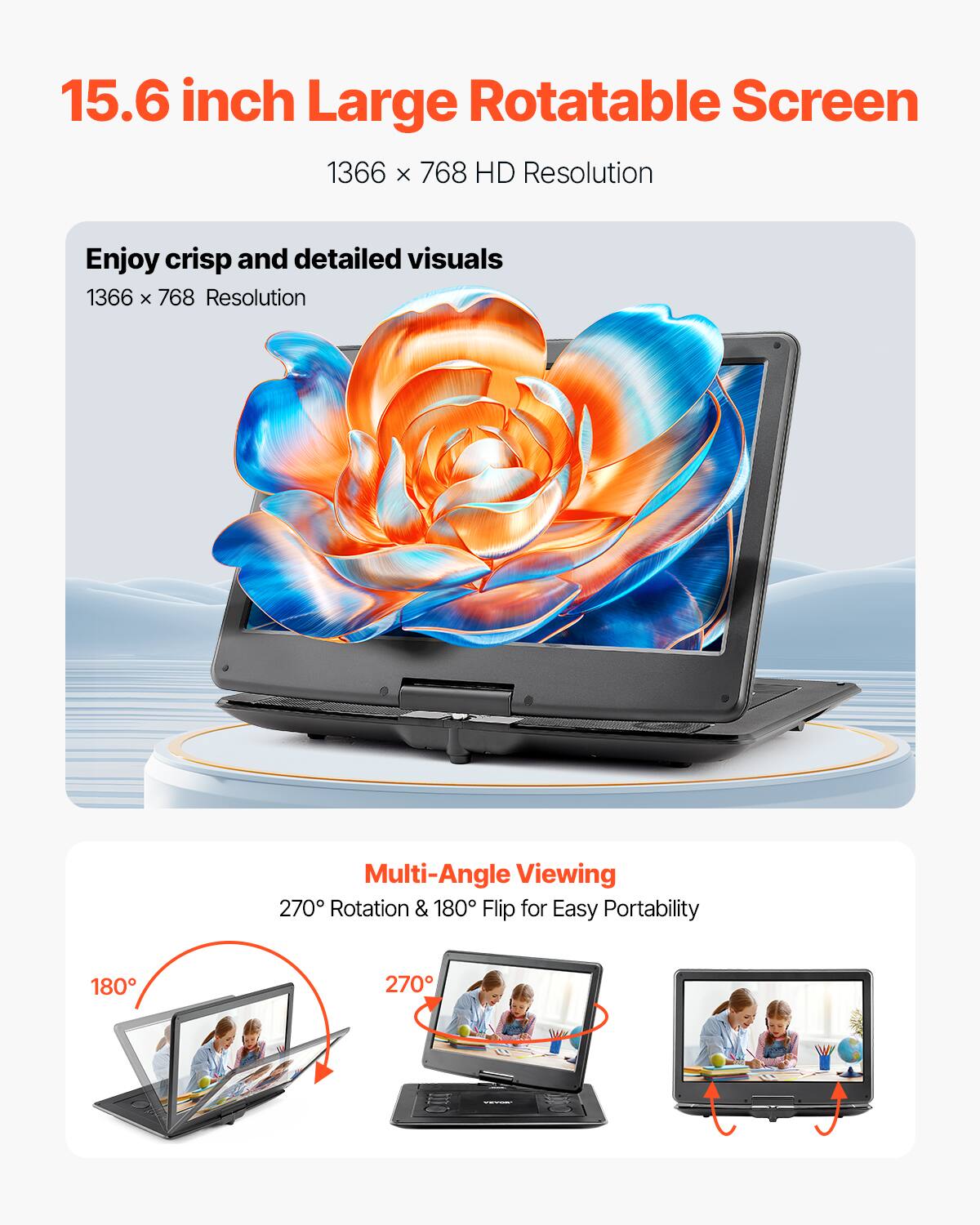 15.6 inch Large Rotatable Screen  
1366 x 768 HD Resolution  

Enjoy crisp and detailed visuals  
1366 x 768 Resolution  

Multi-Angle Viewing  
270° Rotation & 180° Flip for Easy Portability