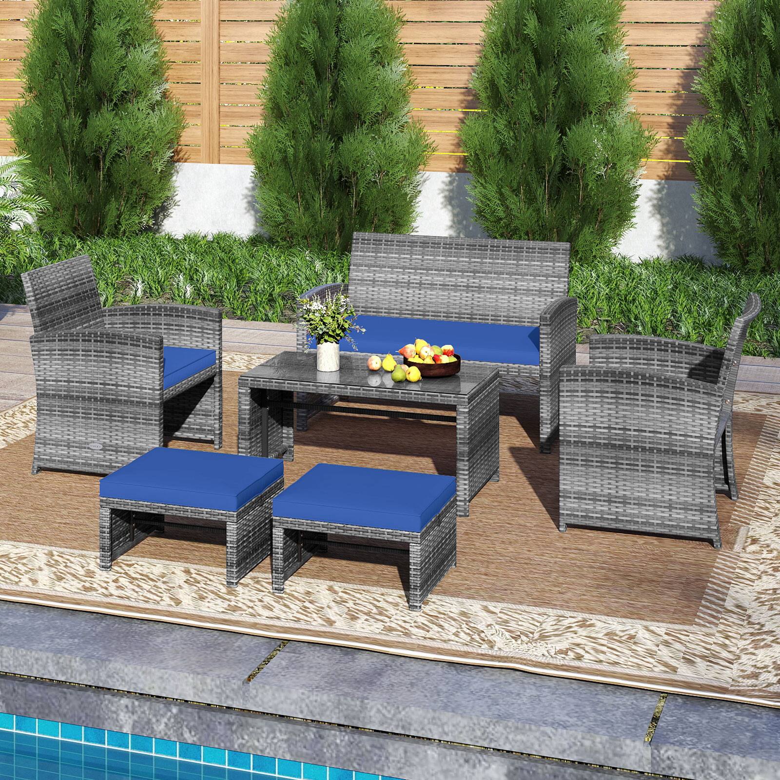 Alt View 4. Costway - Costway 6PCS Patio Furniture Set Outdoor Sectional Conversation PE Rattan Sofa Set - Mix Brown,Navy Blue.