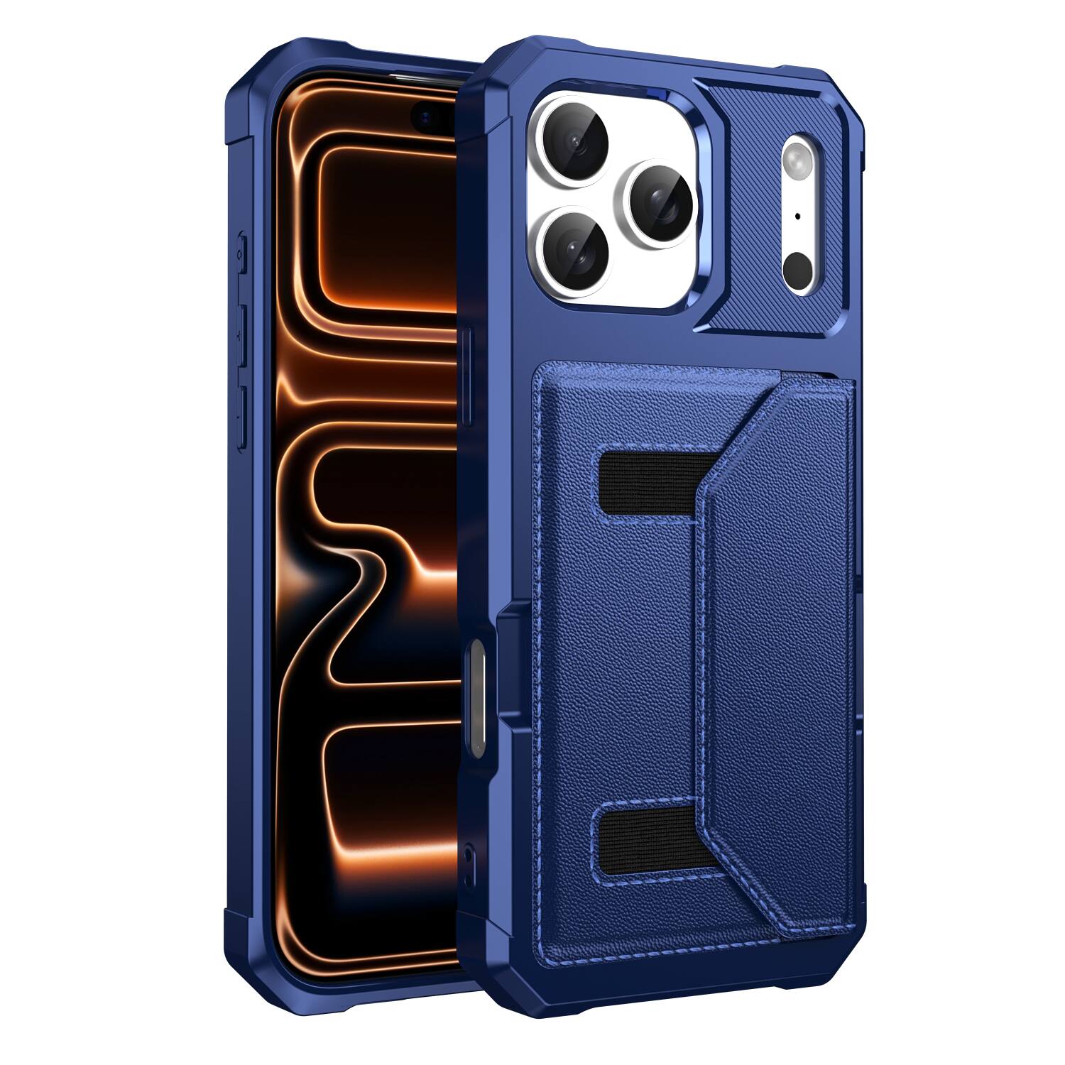 Angle. UUCOVER - Rugged Wallet Case for Apple iPhone 17 Pro with Card Holder Slot, Magnetic Closure, Shockproof PU Leather Phone Cover - Darkblue.
