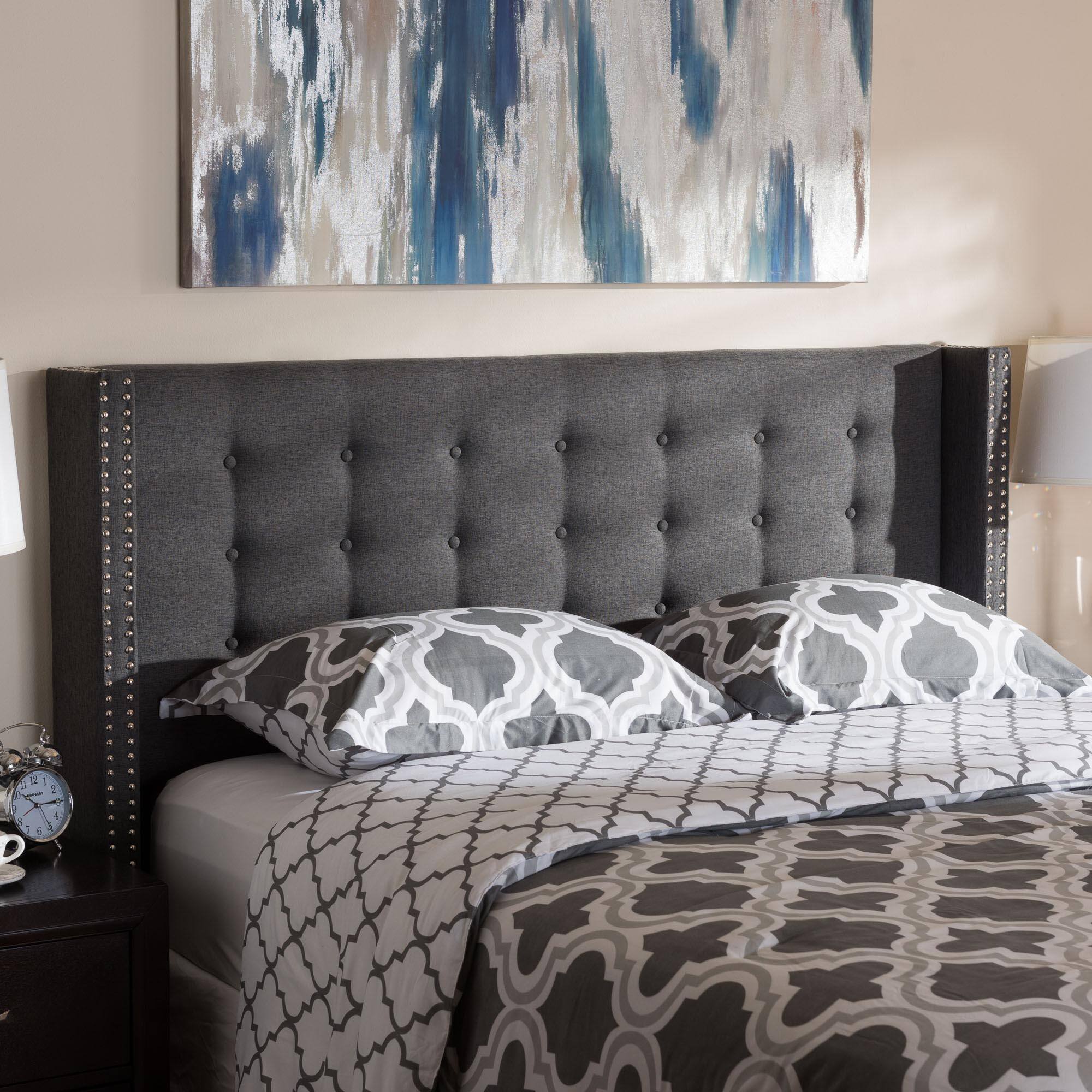 Alt View 1. Baxton Studio - Ginaro Modern And Contemporary Fabric Button-Tufted Nail head King Size Winged Headboard - Dark Grey.