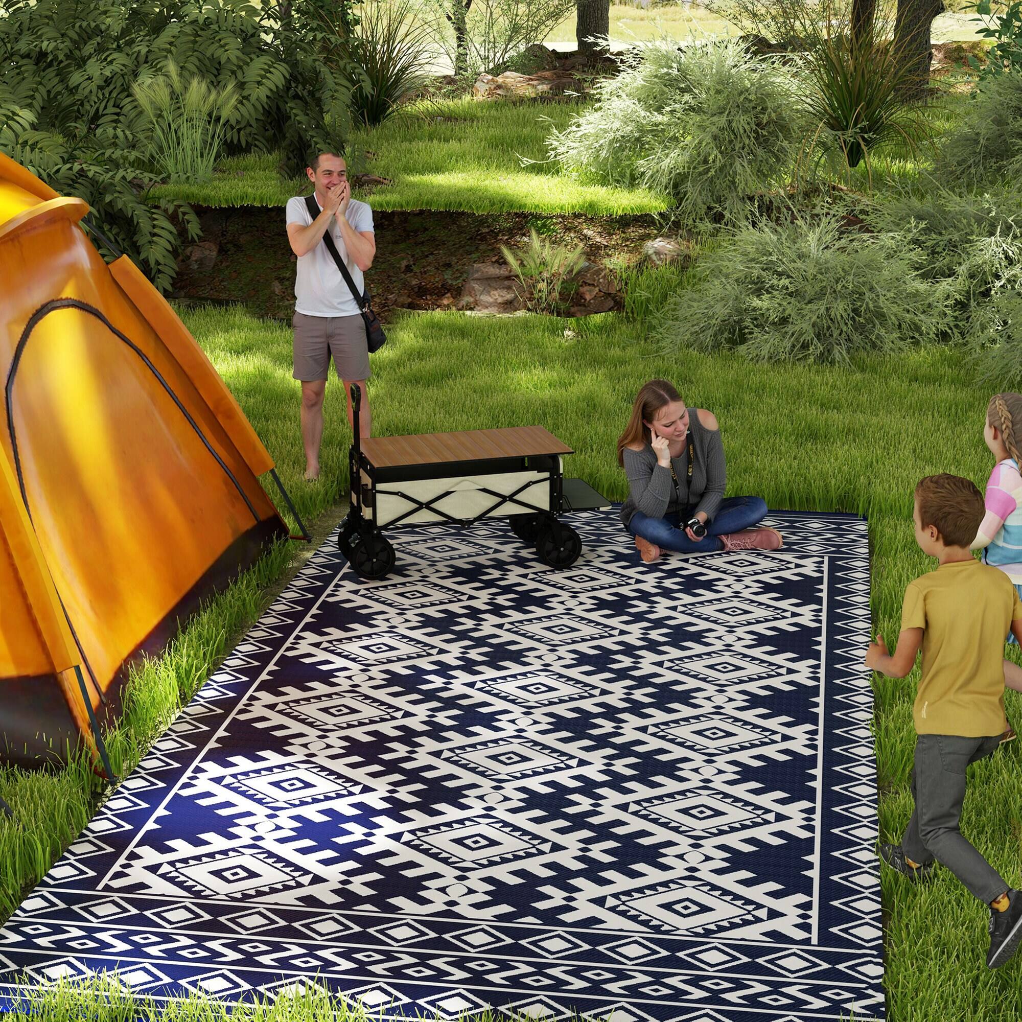 Alt View 1. Outsunny - Outdoor Rug for Patio, 9' x 18' Waterproof Large Mat, Reversible Plastic Straw Rug for Décor - Blue and White Rhombus Border.